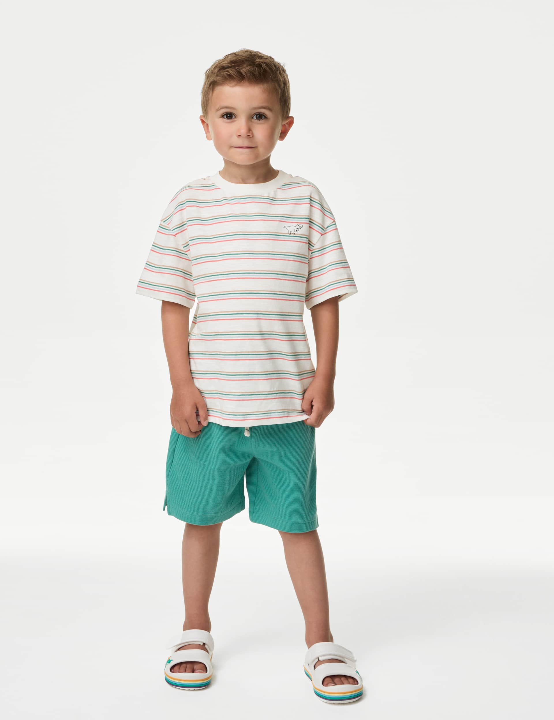 M&S Boys 2pc Cotton Rich Striped Top & Bottom Outfit (3-8 Yrs) - 3-4 Y - Green Mix, Green Mix