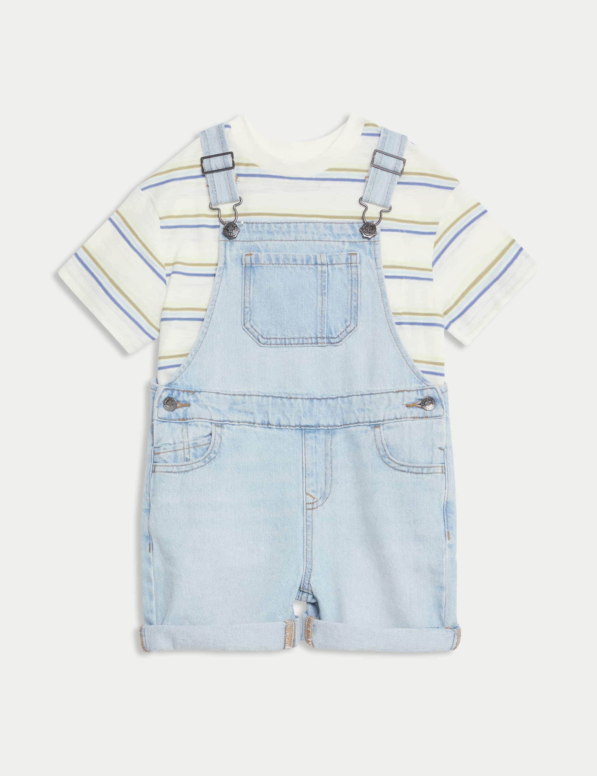 M&S Boys 2pc Pure Cotton Striped Outfit (2-8 Yrs) - 2-3 Y - Denim, Denim