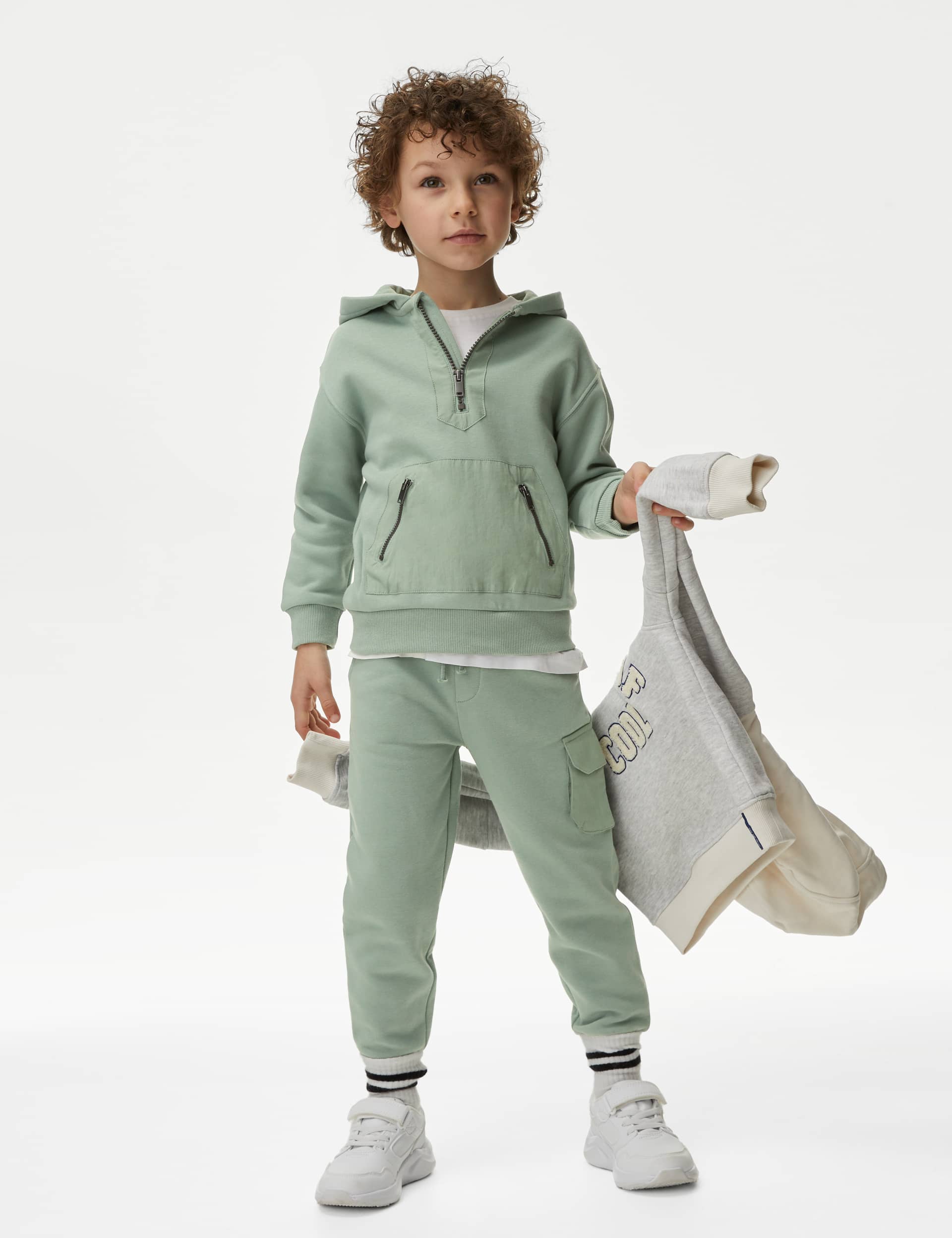 M&S Boys Cotton Rich Tracksuit (2-8 Yrs) - 2-3 Y - Willow Green, Willow Green,Grey