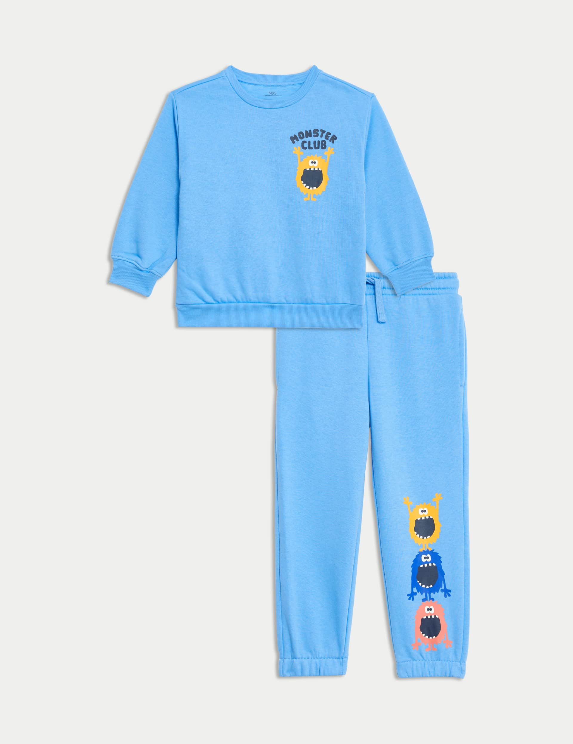 M&S Boys 2pc Cotton Rich Monster Top & Bottom Outfit (2-8 Yrs) - 3-4 Y - Light Blue, Light Blue