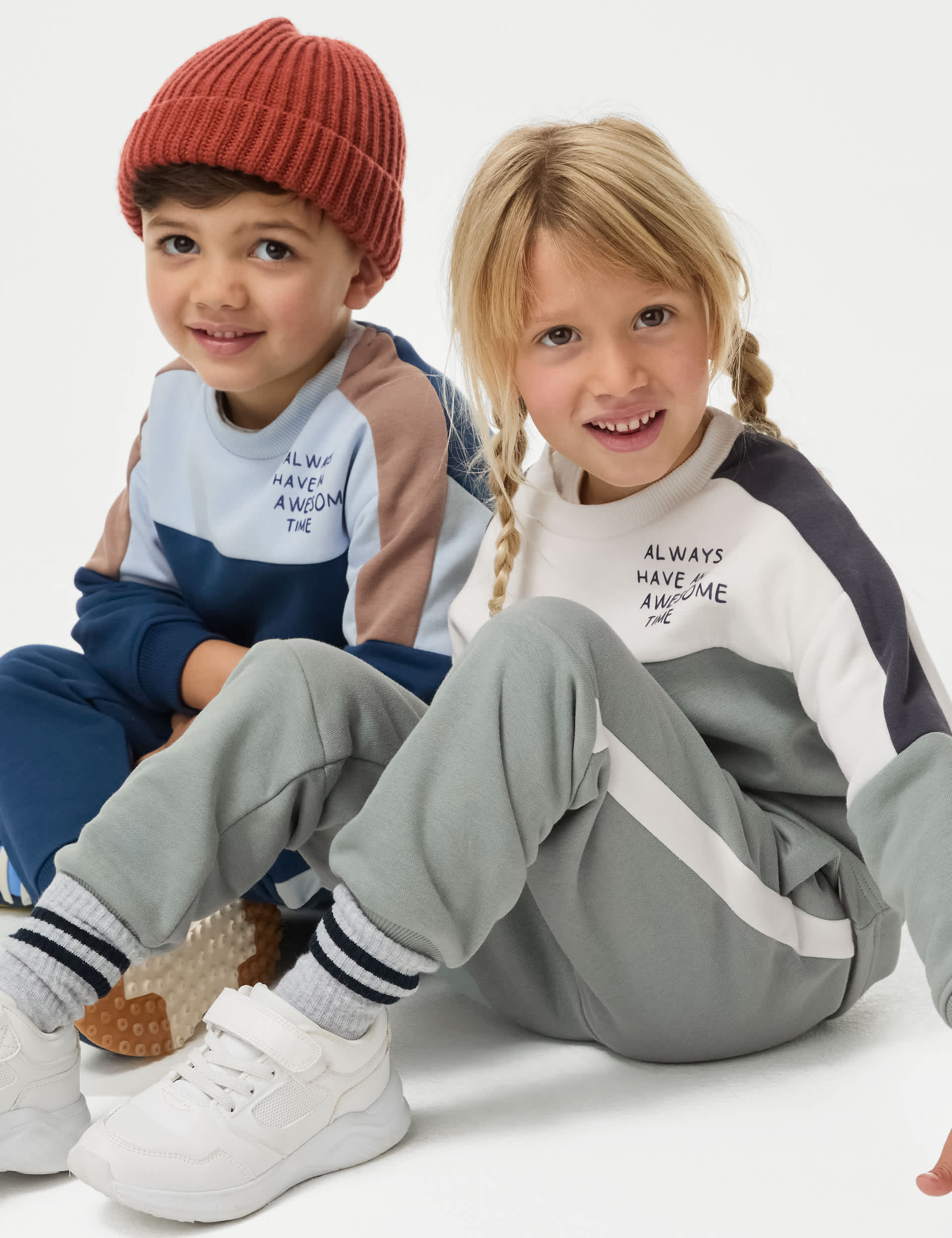 M&S Boys Cotton Rich Colour Block Sweatshirt & Joggers (2-8 Yrs) - 3-4 Y - Green Mix, Blue Mix,Green