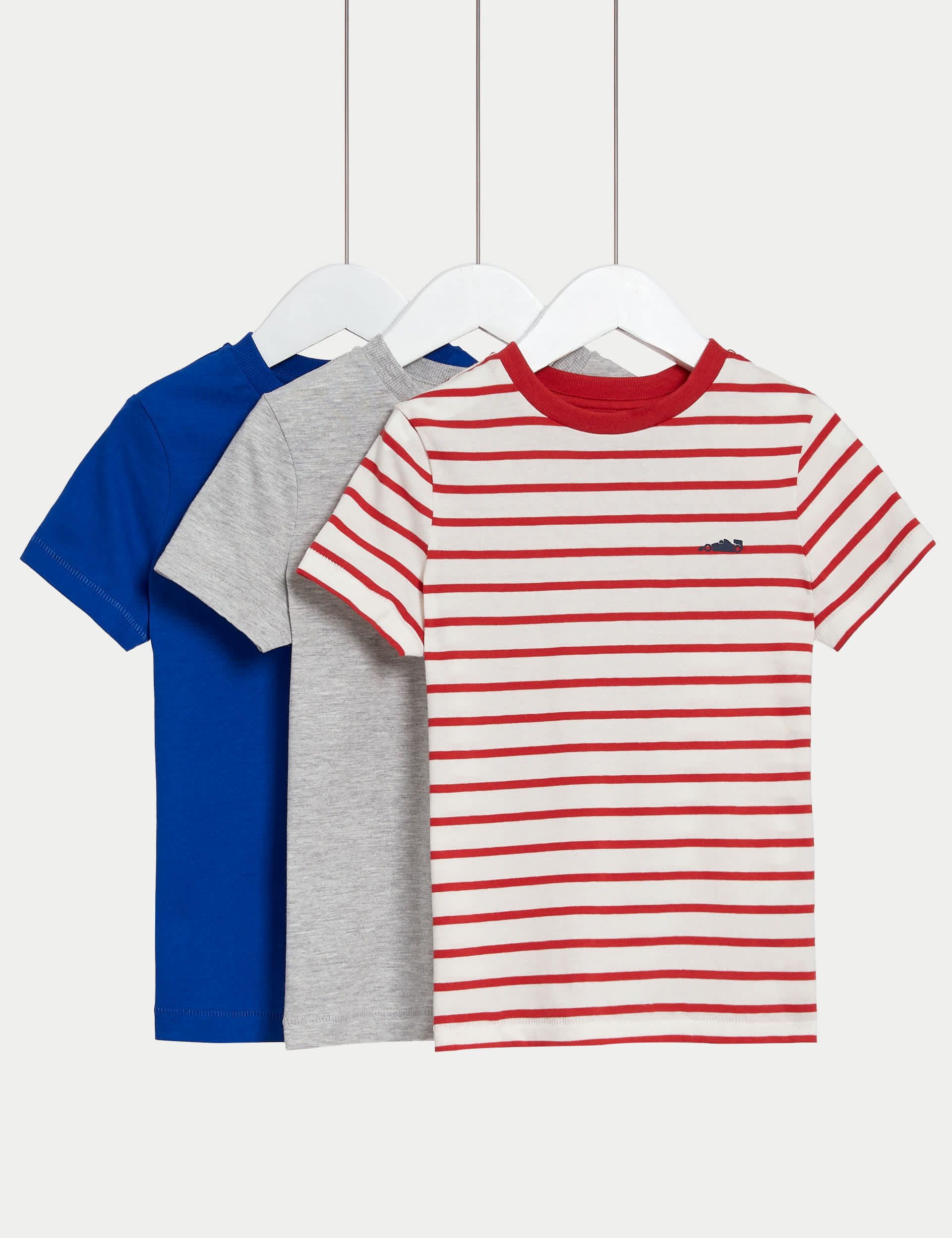 M&S Boys 3pk Cotton Rich Striped & Plain T-Shirts (2-8 Yrs) - 3-4 Y - Red Mix, Red Mix