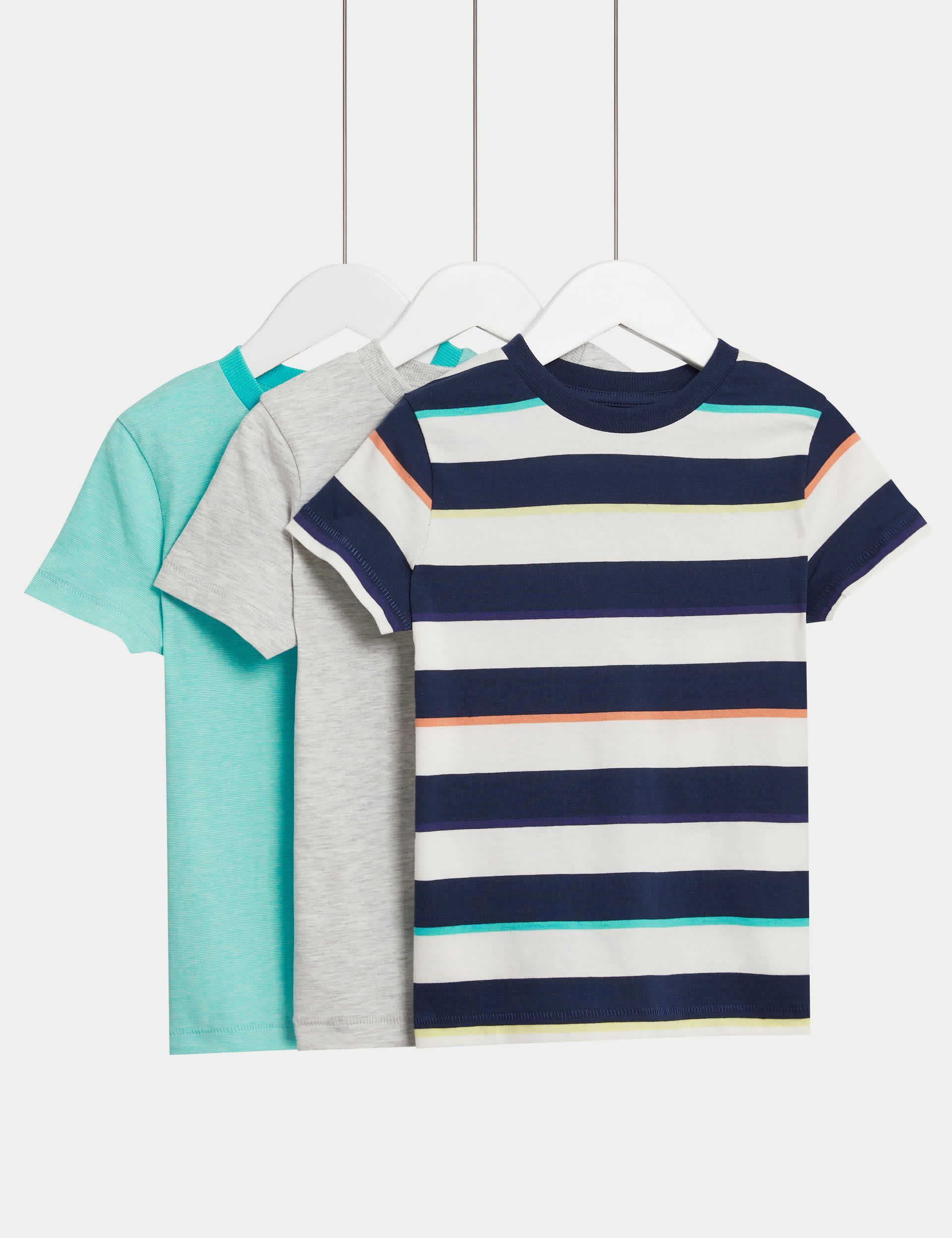 M&S Boys 3pk Cotton Rich Striped & Plain T-Shirts (2-8 Yrs)