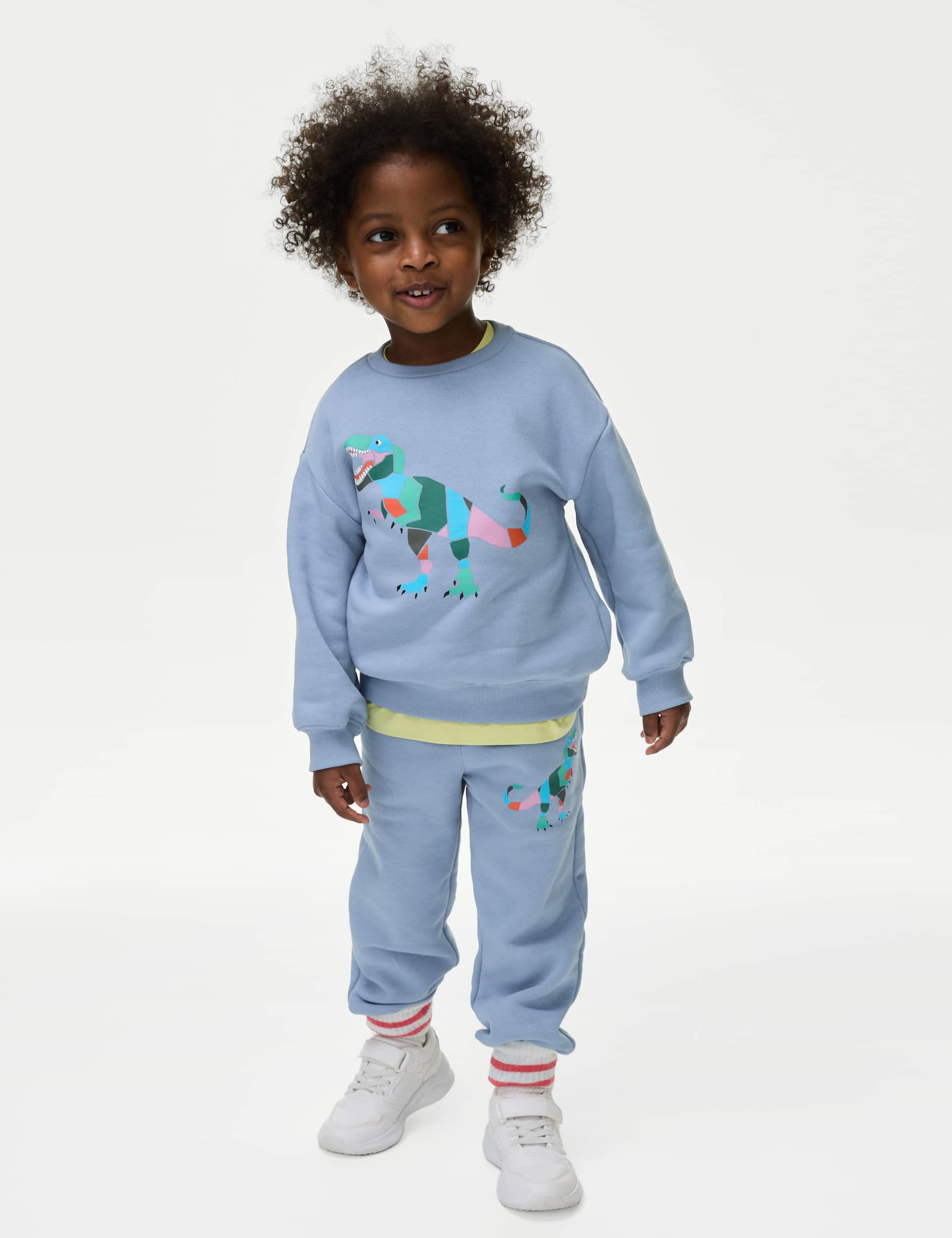 M&S Boys Cotton Rich Dinosaur Joggers (2-8 Yrs) - 4-5 Y - Soft Blue, Soft Blue