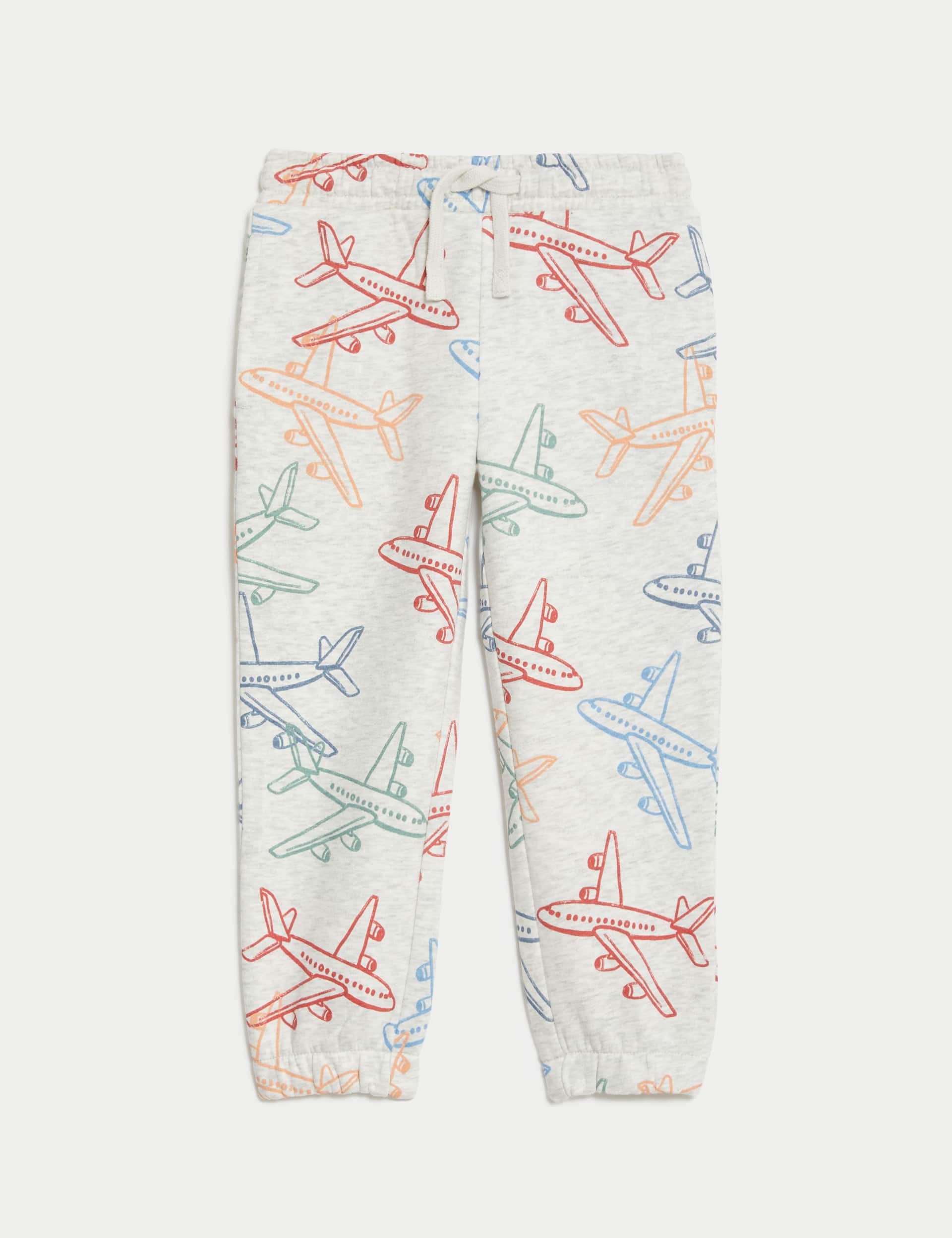 M&S Boys Cotton Rich Aeroplane Print Joggers (2-8 Yrs) - 3-4 Y - Grey Marl, Grey Marl