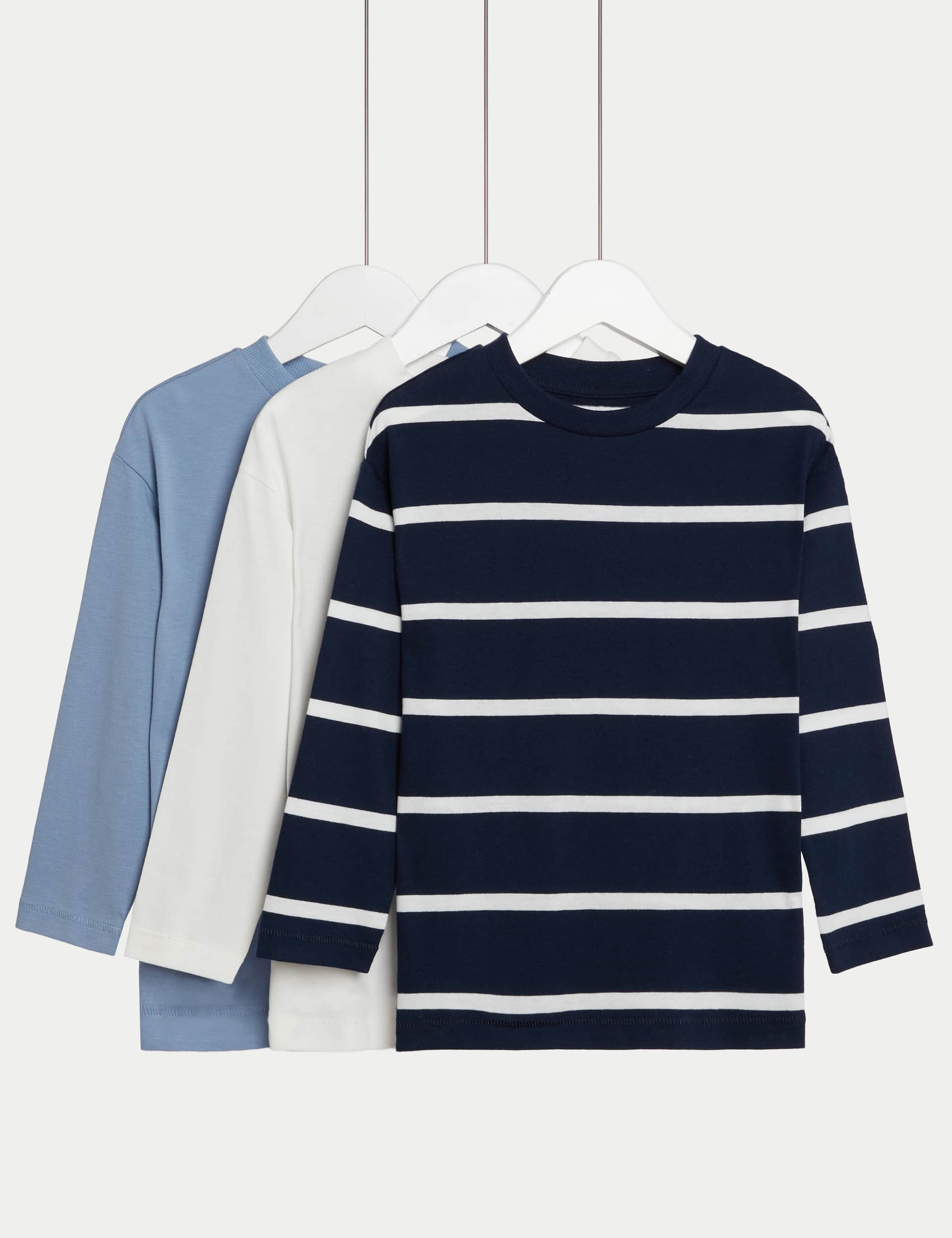 M&S Boys 3pk Cotton Rich Striped and Plain Tops (2-8 Yrs) - 3-4 Y - Navy Mix, Navy Mix,Ivory Mix