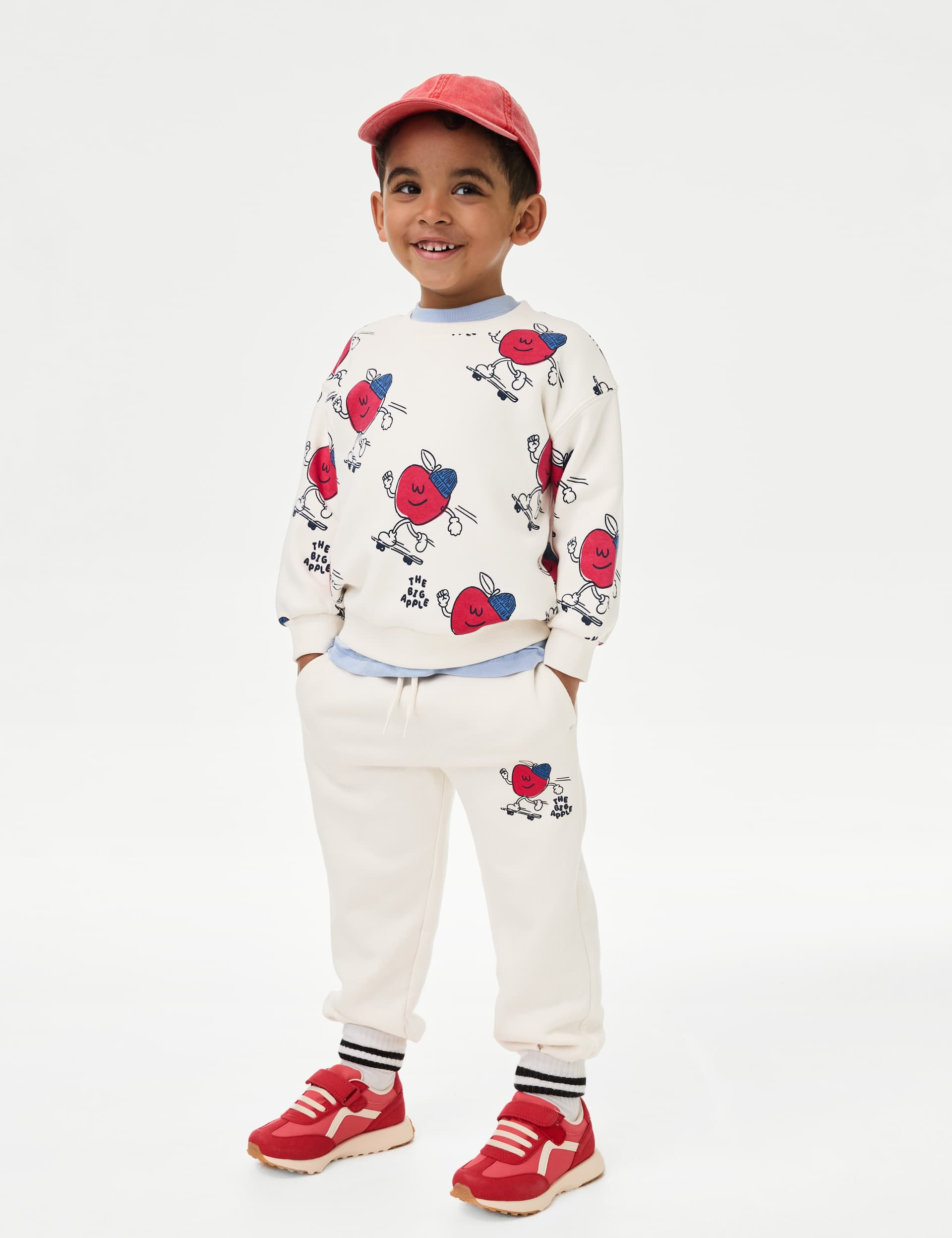 M&S Collection Boys Cotton Rich Apple Print Joggers (2-8 Yrs) - 3-4 Y - Cream, Cream