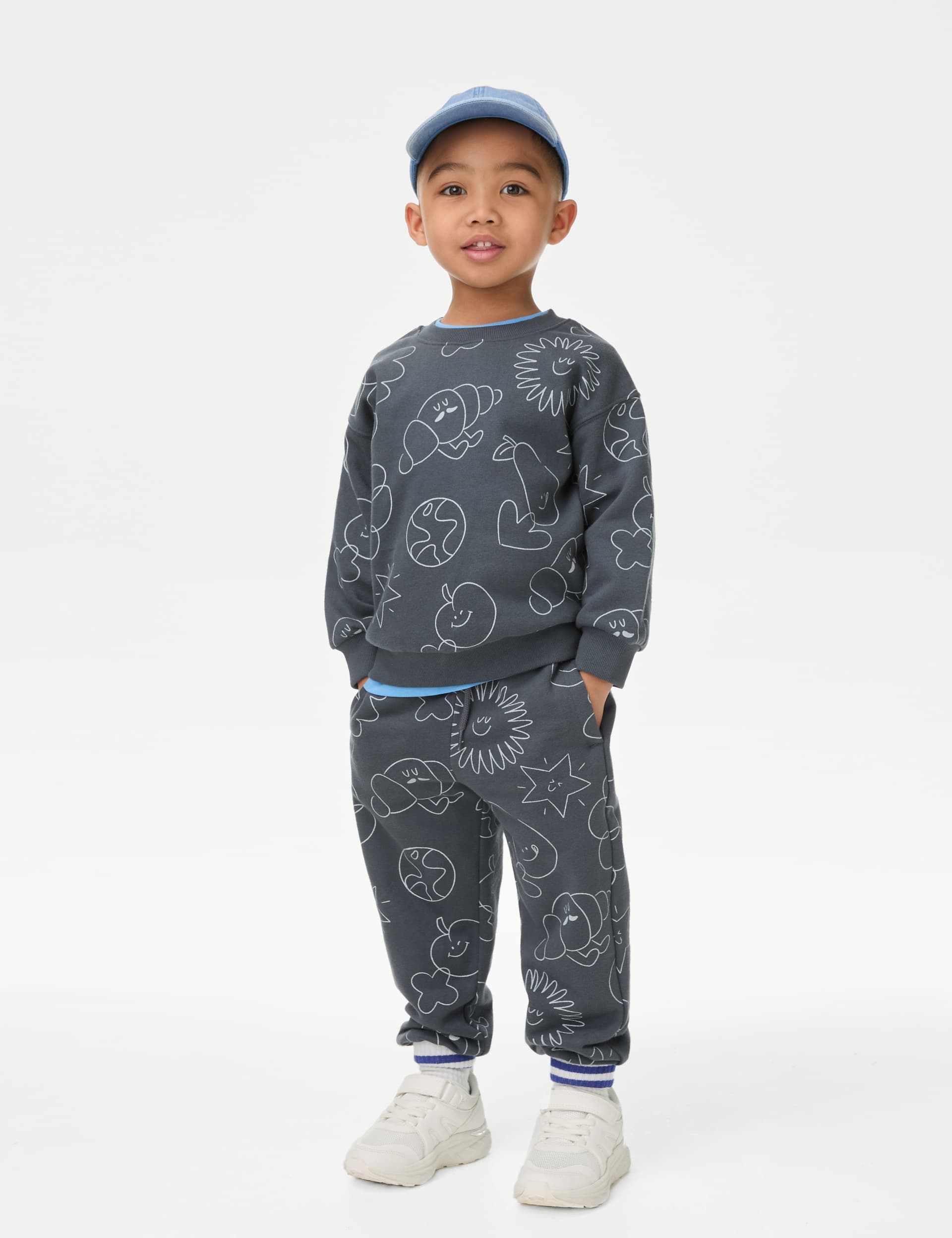 M&S Collection Boys Cotton Rich Doodle Print Joggers (2-8 Yrs) - 3-4 Y - Charcoal, Charcoal