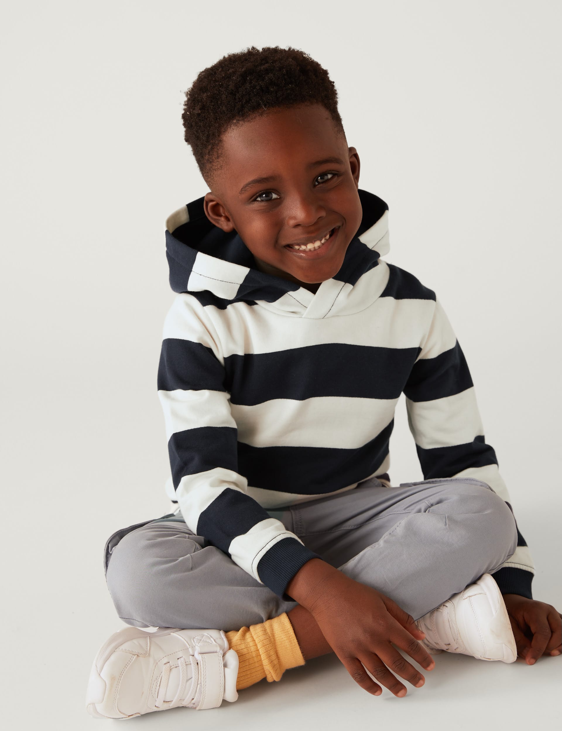 M&S Boys Pure Cotton Striped Hoodie (2-8 Yrs) - 4-5 Y - Navy Mix, Navy Mix