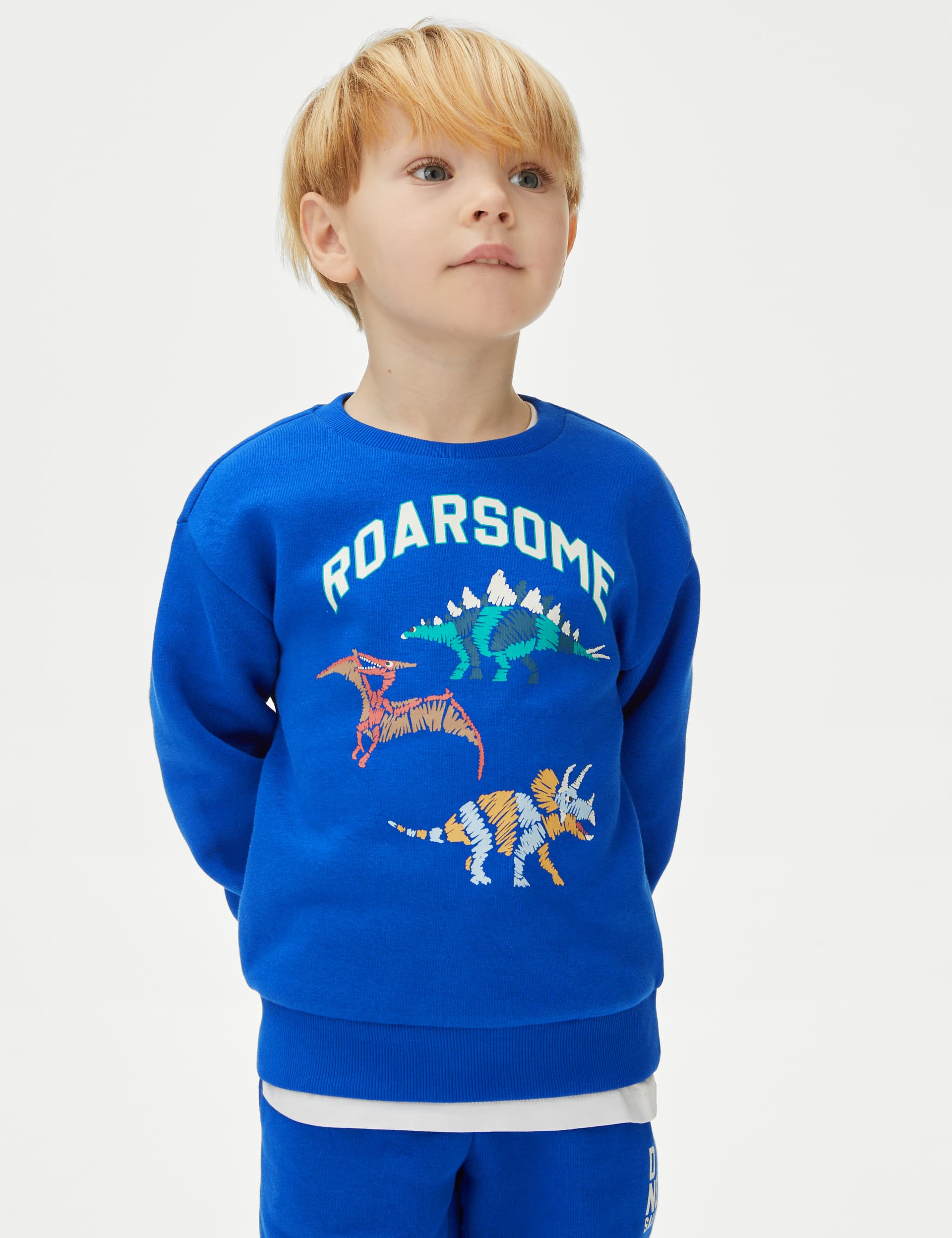 M&S Boys Cotton Rich Dinosaur Sweatshirt (2-8 Yrs) - 7-8 Y - Blue, Blue