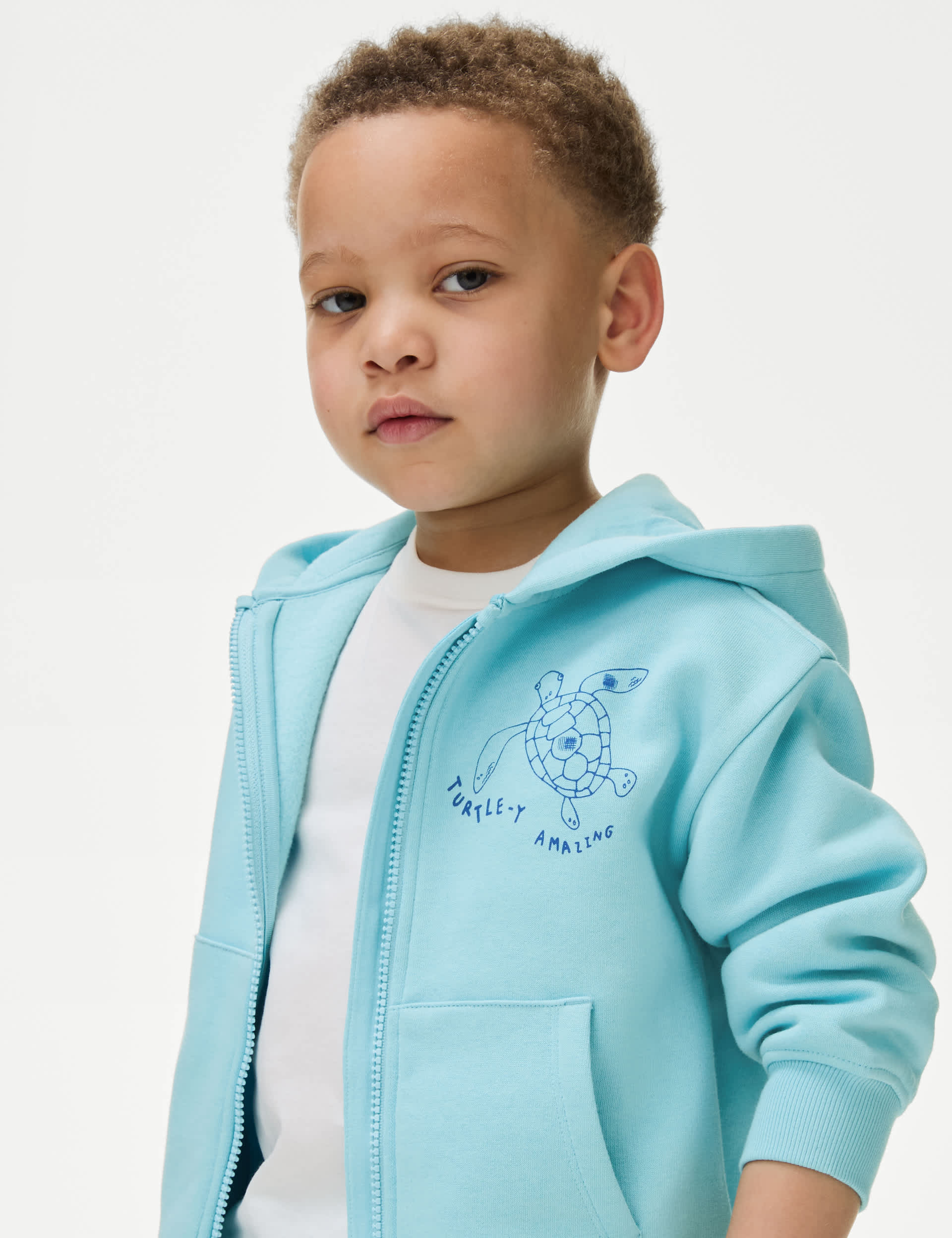 M&S Boys Cotton Rich Turtle Zip Hoodie (2-8 Yrs) - 6-7 Y - Turquoise, Turquoise