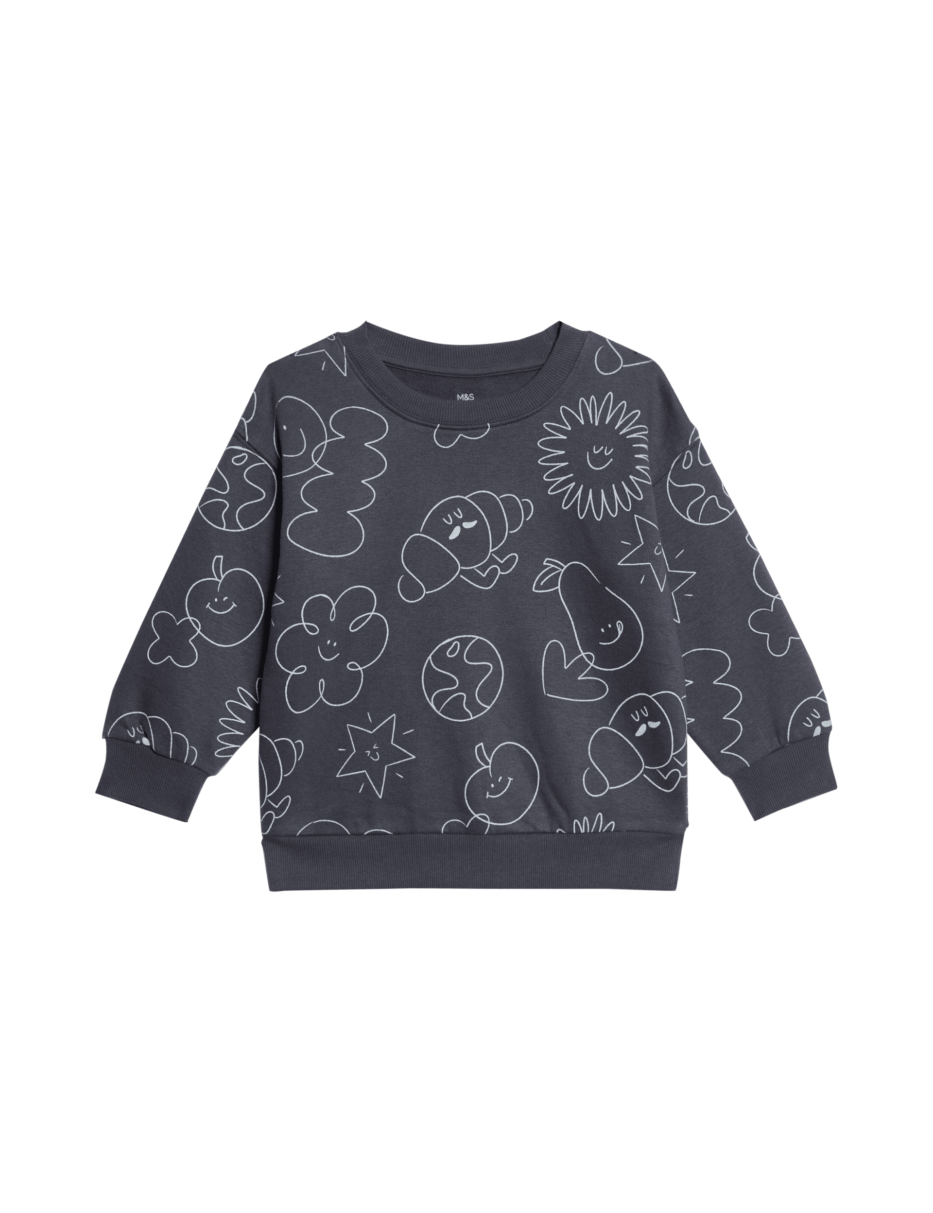 M&S Collection Boys Cotton Rich Doodle Print Sweatshirt (2-8 Yrs) - 3-4 Y - Charcoal, Charcoal