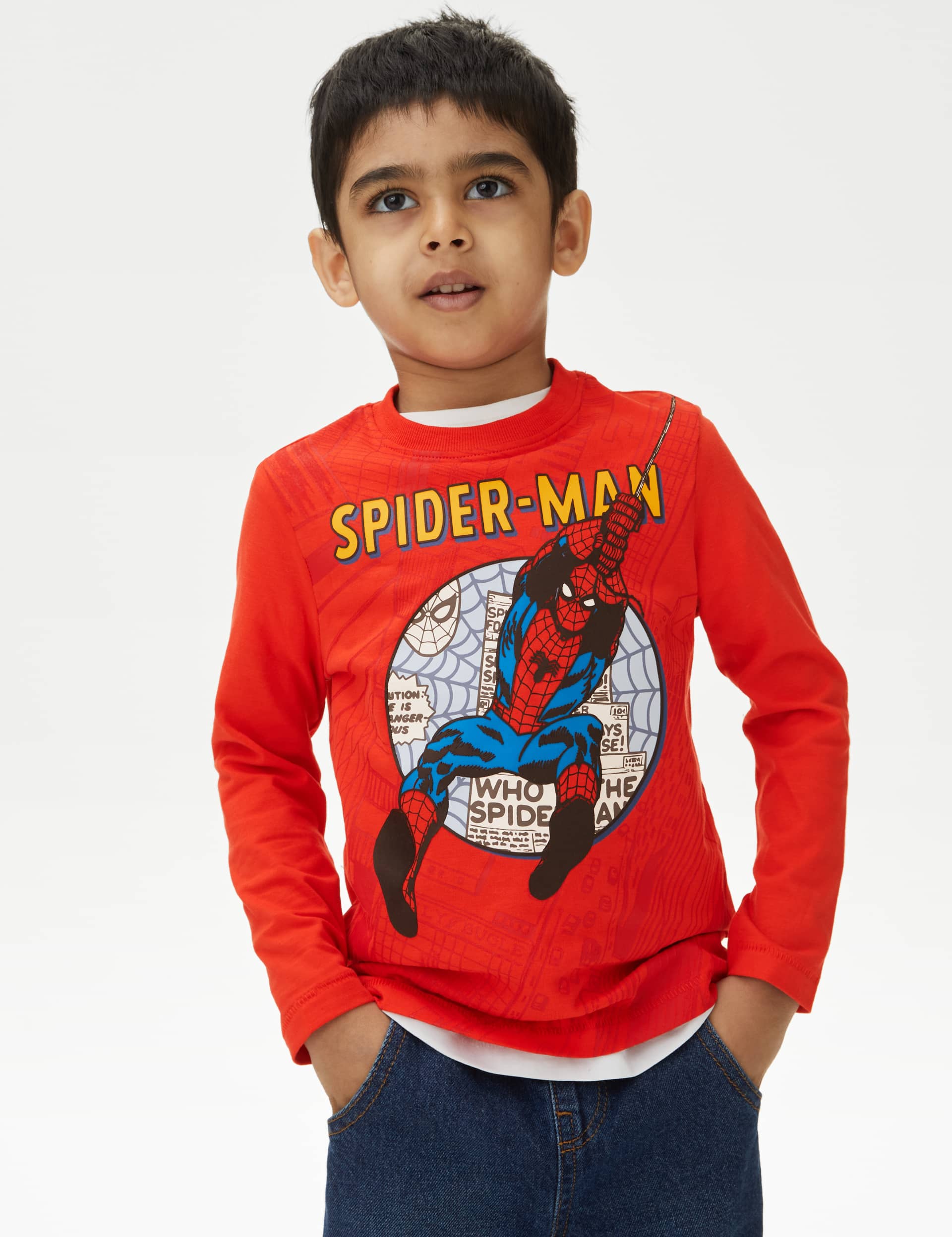 M&S Boys Pure Cotton Spider-Man Top (2-8 Yrs) - 6-7 Y - Red, Red