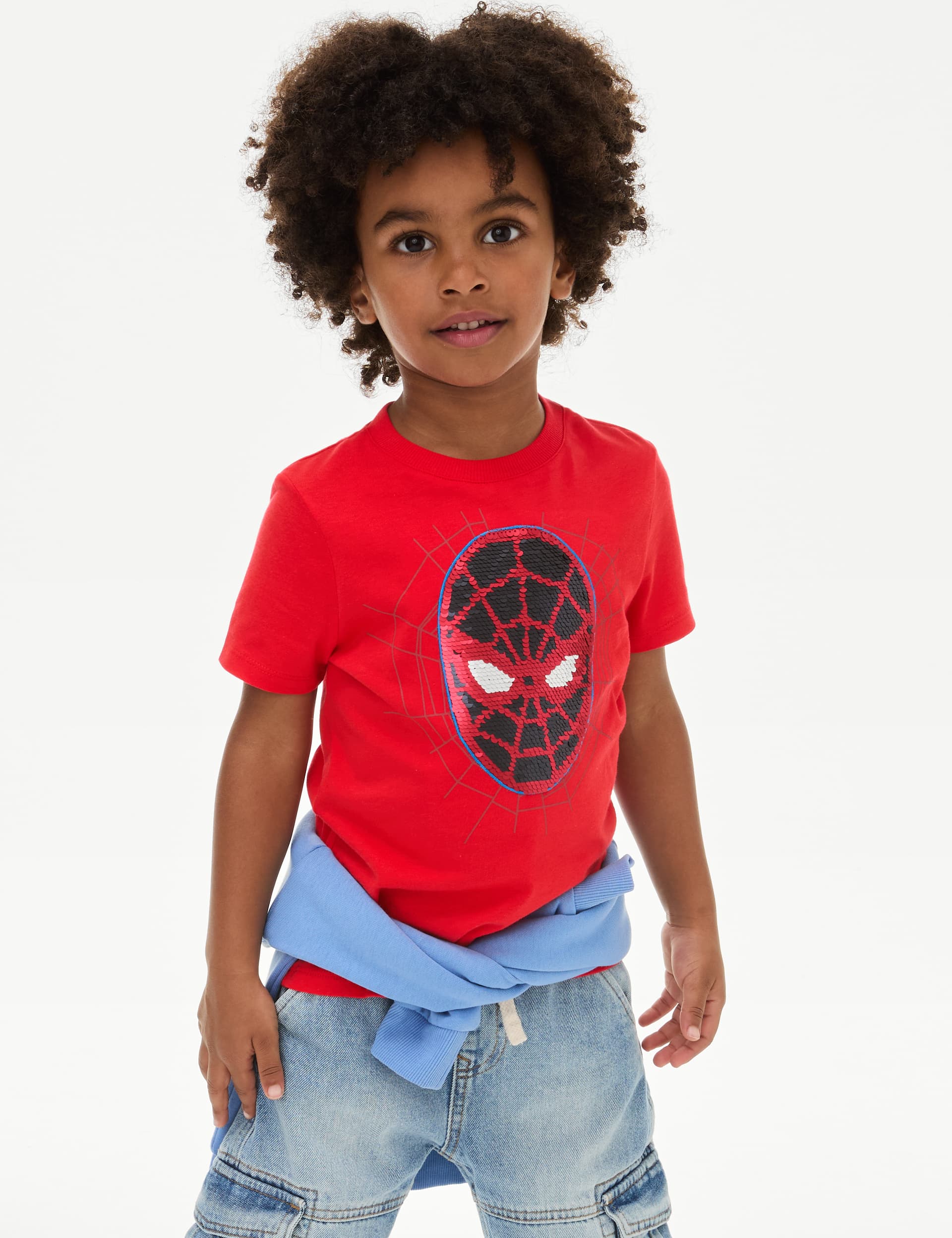 M&S Boys Pure Cotton Sequin Spider-Man T-Shirt (2-8 Yrs) - 6-7 Y - Red, Red