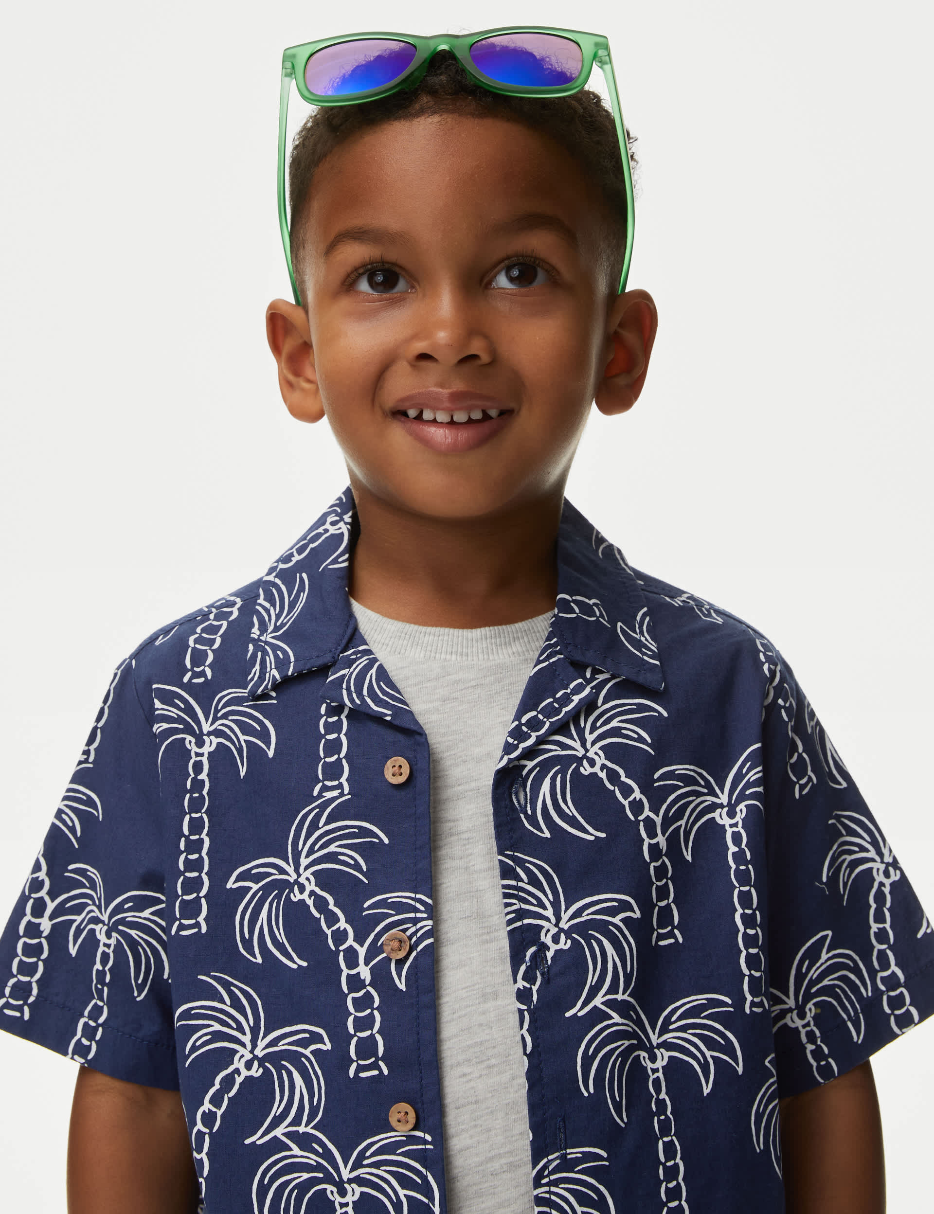 M&S Boys 2pc Cotton Rich Palm Print Shirt & T-Shirt (2-8 Yrs) - 3-4 Y - Navy Mix, Navy Mix