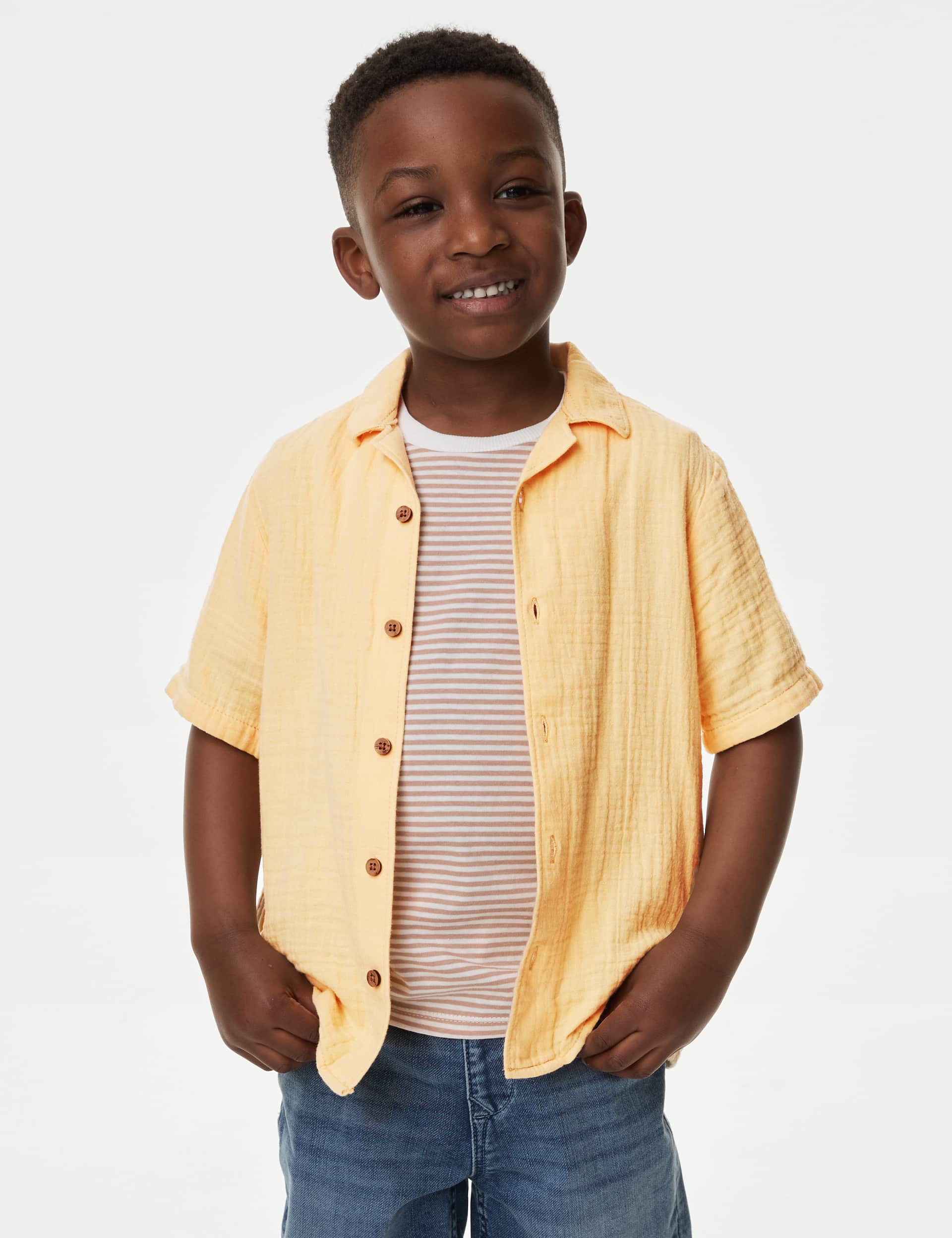 M&S Boys Pure Cotton Shirt and T-Shirt Set (2-8 Yrs) - 4-5 Y - Yellow, Spice,Yellow,White