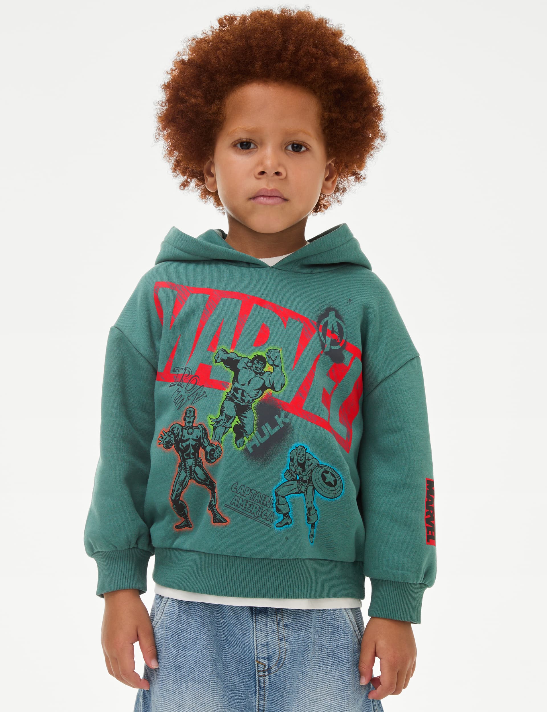 M&S Boys Cotton Rich Avengers Hoodie (2-8 Yrs) - 4-5 Y - Green, Green