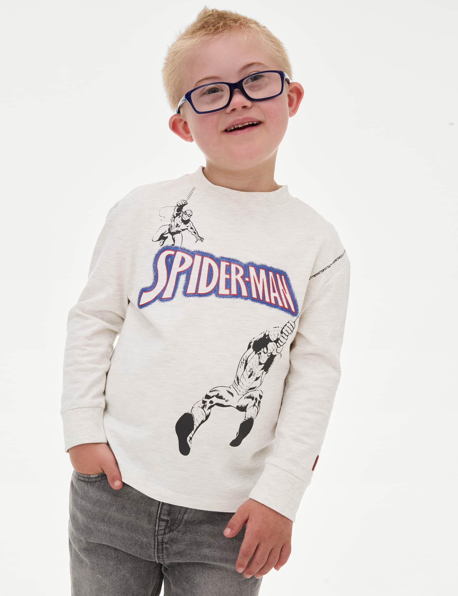 M&S Boys Cotton Rich Spider-Man Top (2-8 Yrs) - 4-5 Y - Light Grey, Light Grey