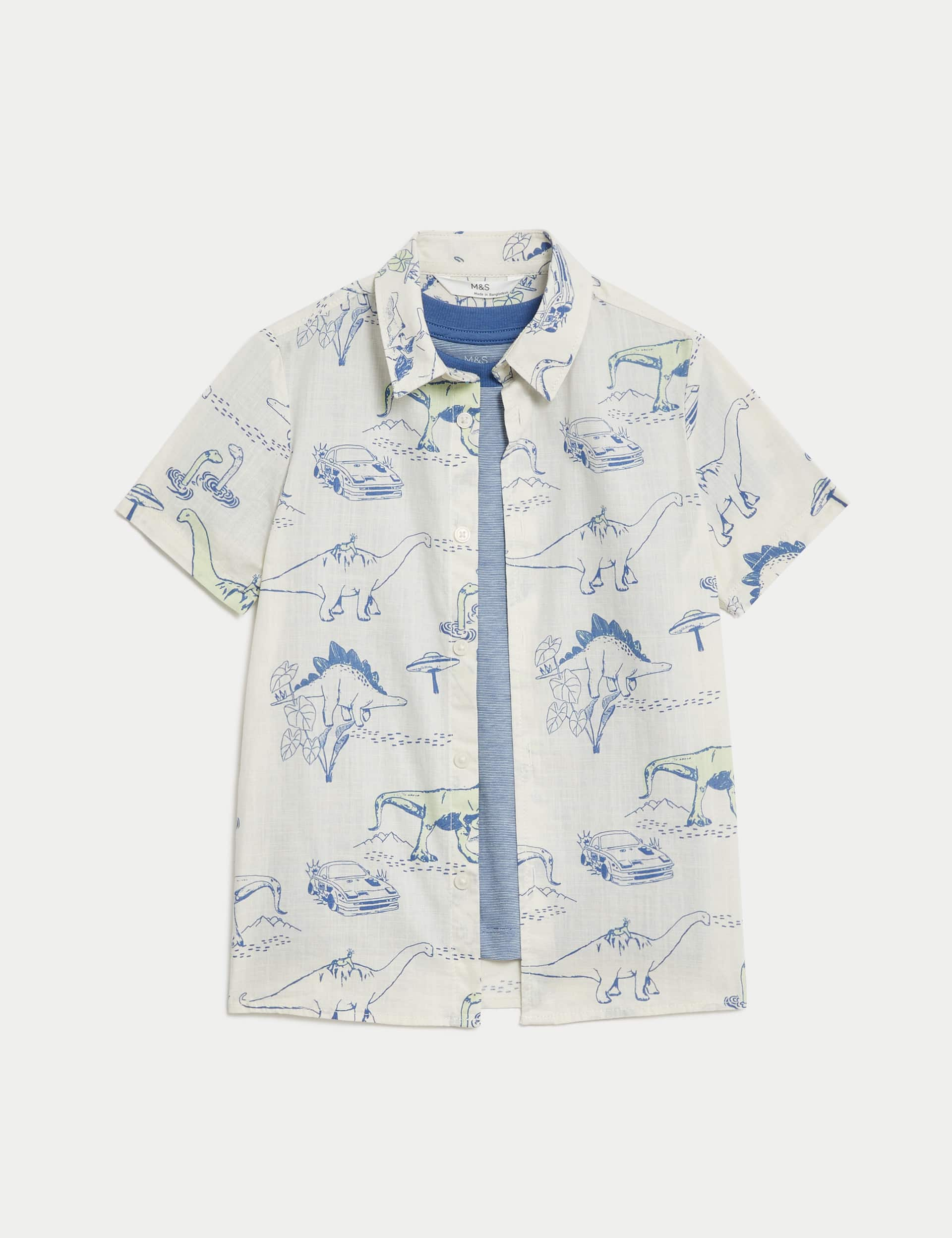 M&S Boys Pure Cotton Dinosaur Shirt & T-Shirt Set (2-8 Yrs) - 5-6 Y - White Mix, White Mix