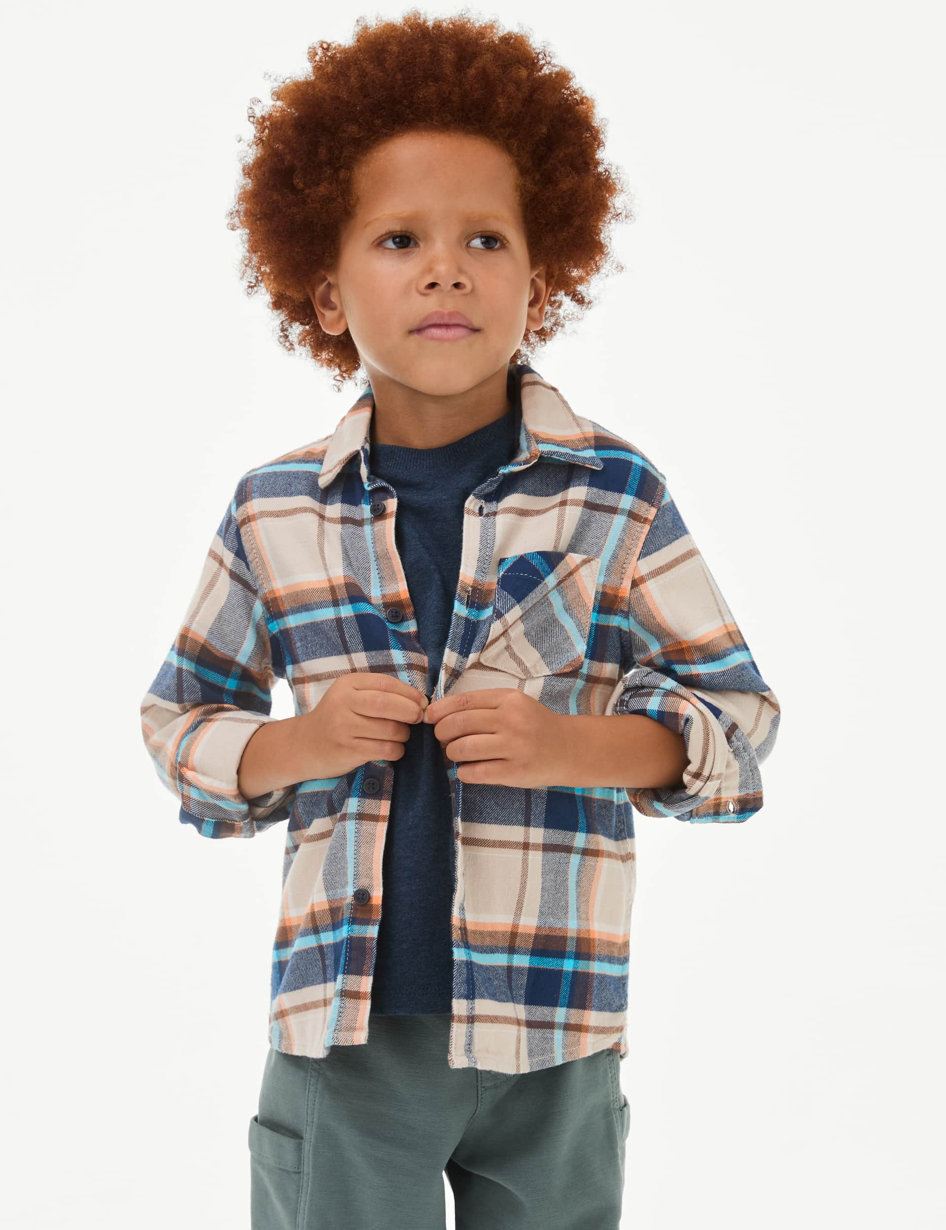 M&S Boys 2pc Pure Cotton Checked Shirt & T-Shirt Set (2-8 Yrs) - 3-4 Y - Neutral, Neutral,Cream Mix,