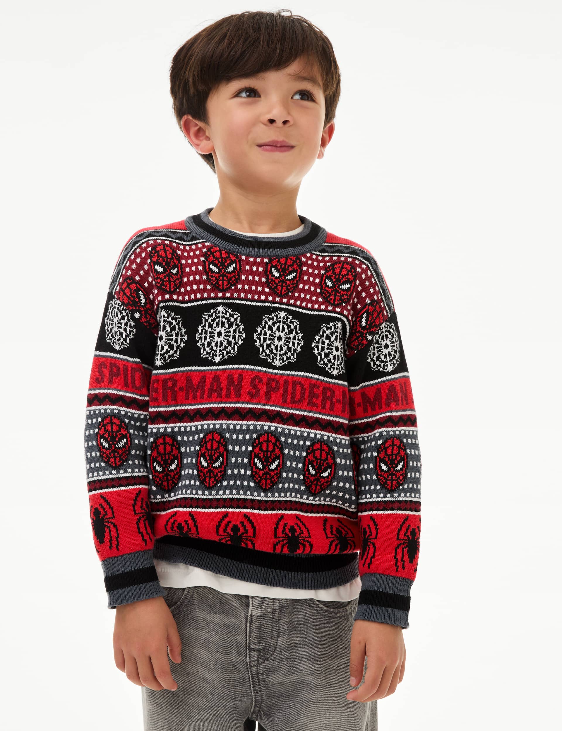 M&S Boys Pure Cotton Spider-Man Jumper (2-8 Yrs) - 4-5 Y - Red Mix, Red Mix