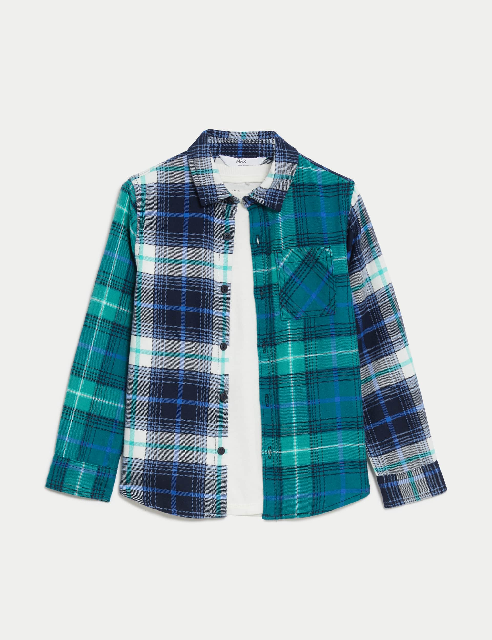 M&S Boys 2pc Pure Cotton Checked Shirt & T-Shirt Set (2-8 Yrs) - 3-4 Y - Green Mix, Green Mix