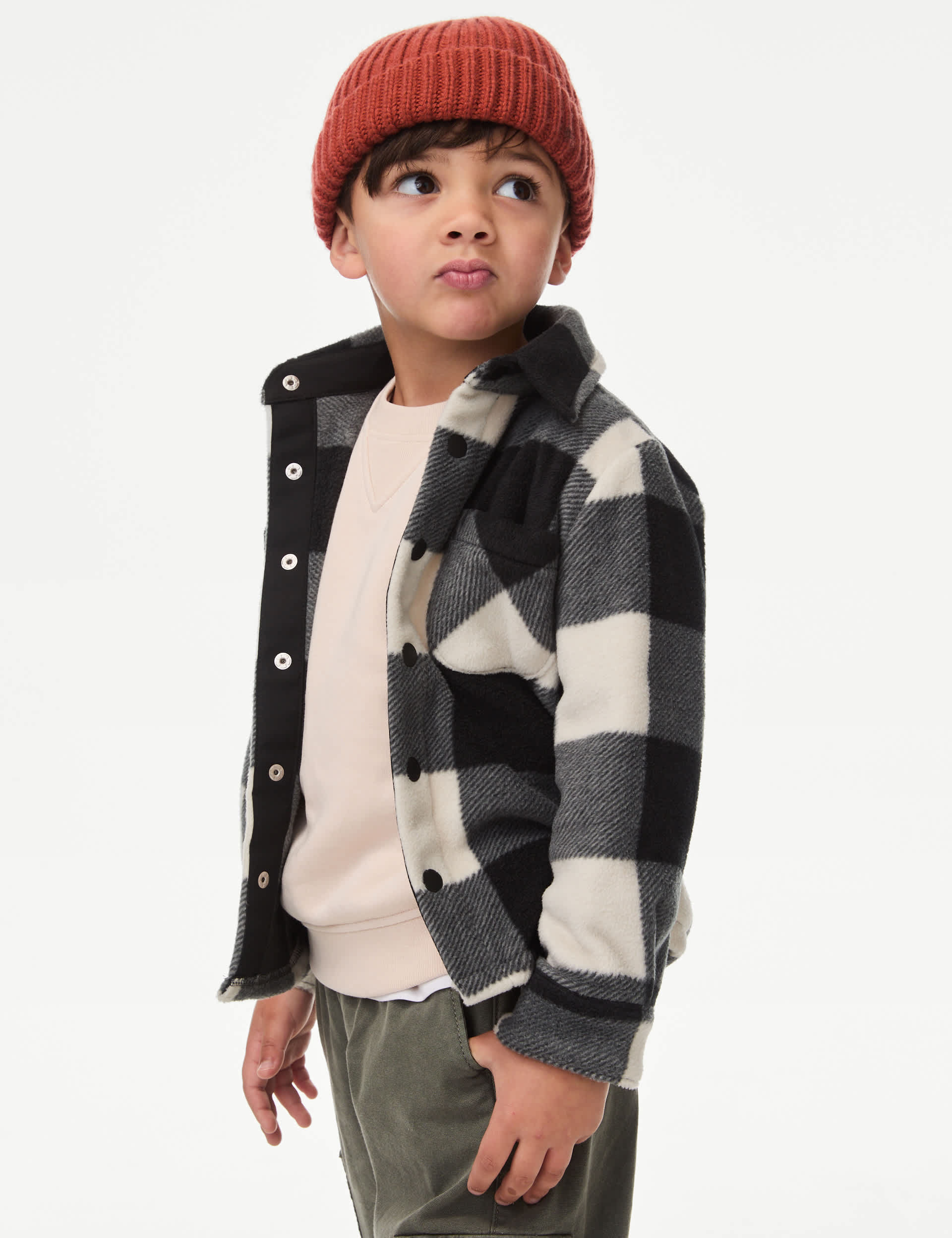 M&S Boys Fleece Check Shacket (2-8 Yrs) - 3-4 Y - Black Mix, Black Mix,Red Mix