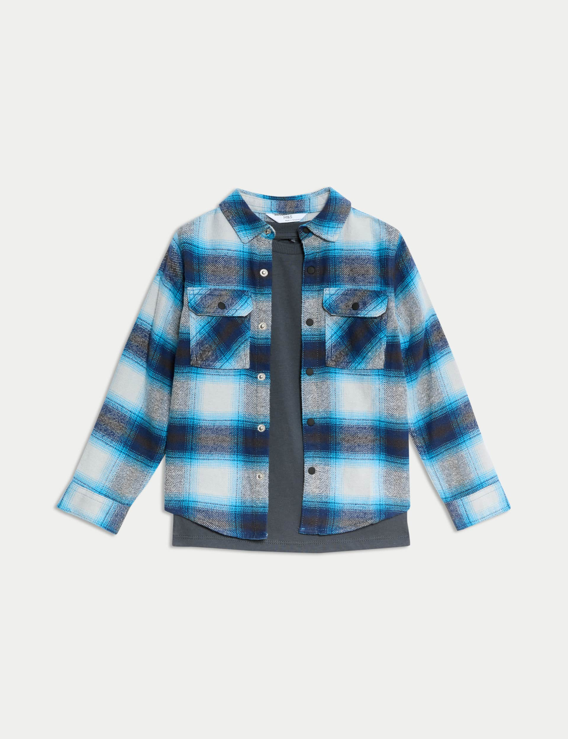 M&S Boys 2pc Cotton Rich Checked Shirt & T-Shirt Set (2-8 Yrs) - 3-4 Y - Blue Mix, Blue Mix