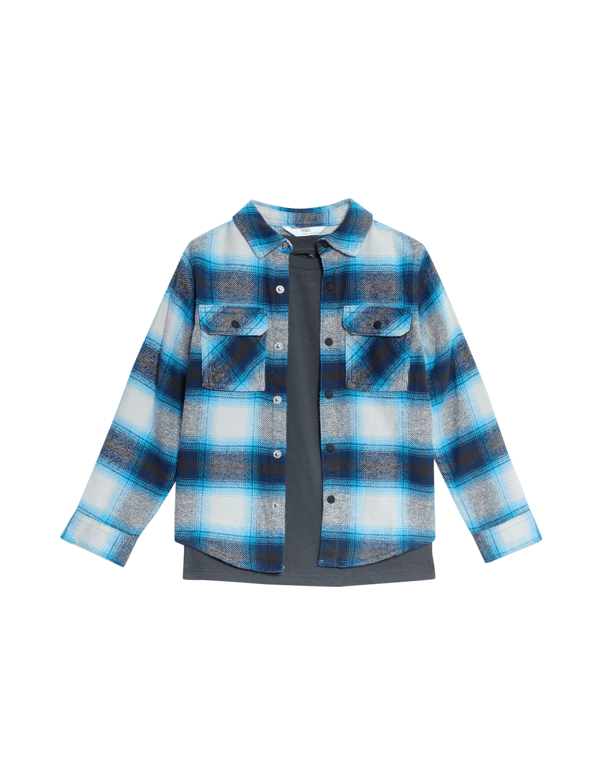 M&S Collection Boys 2pc Cotton Rich Checked Shirt & T-Shirt Set (2-8 Yrs) - 2-3 Y - Blue Mix, Blue M