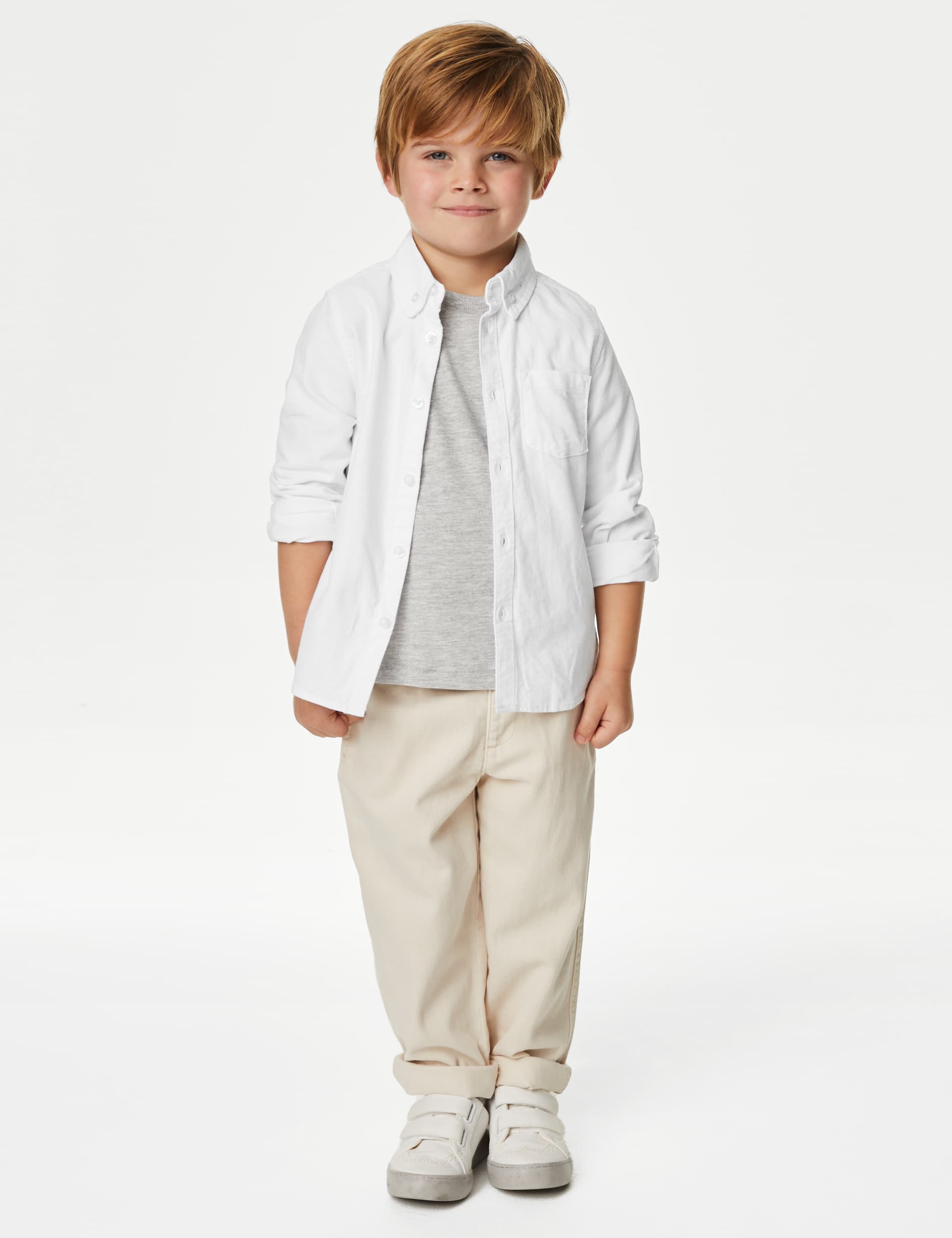 M&S Boys Pure Cotton Oxford Shirt (2-8 Yrs) - 6-7 Y - White, White,Blue