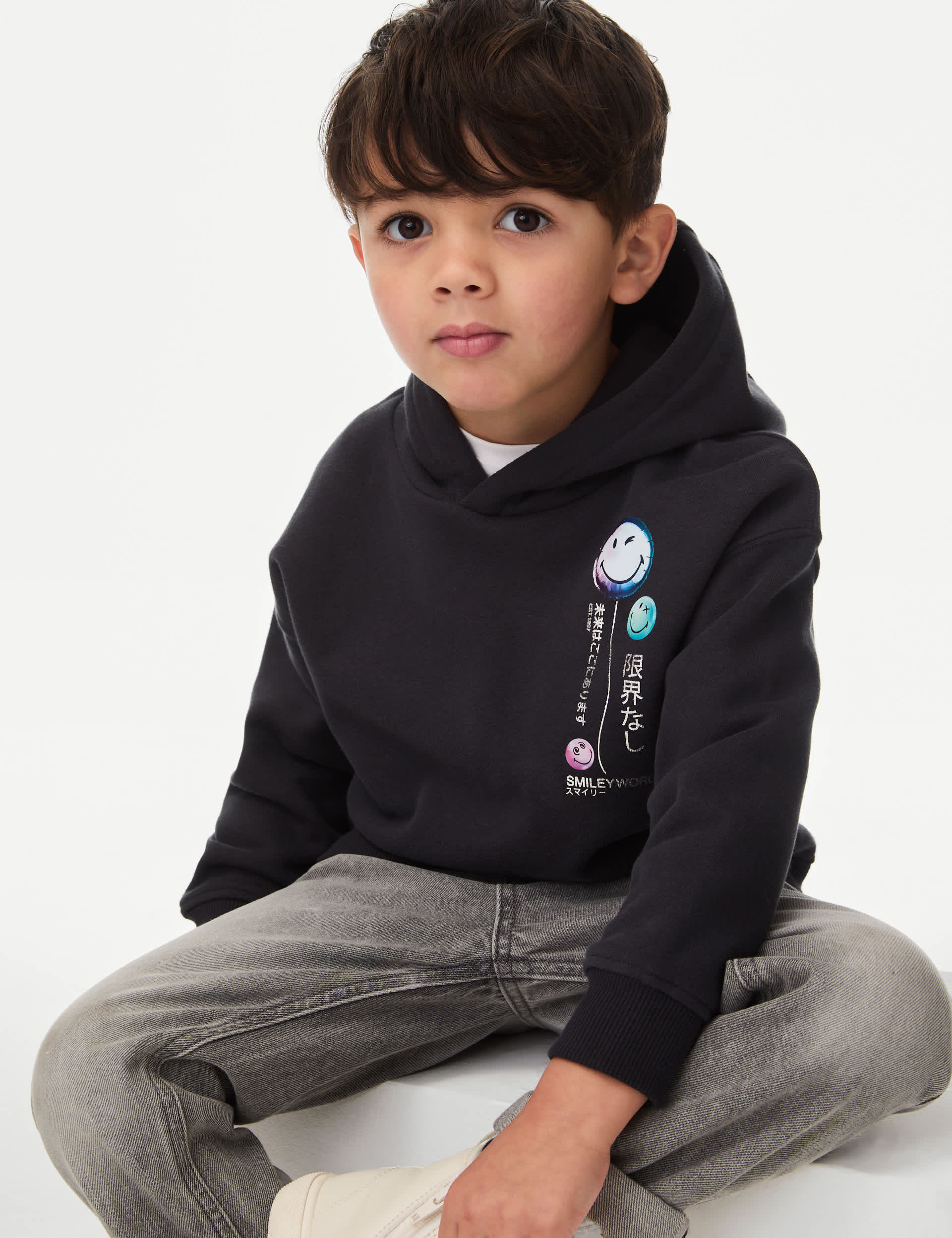 M&S Collection Boys Cotton Rich Smiley World Hoodie (2-8 Yrs) - 3-4 Y - Carbon, Carbon