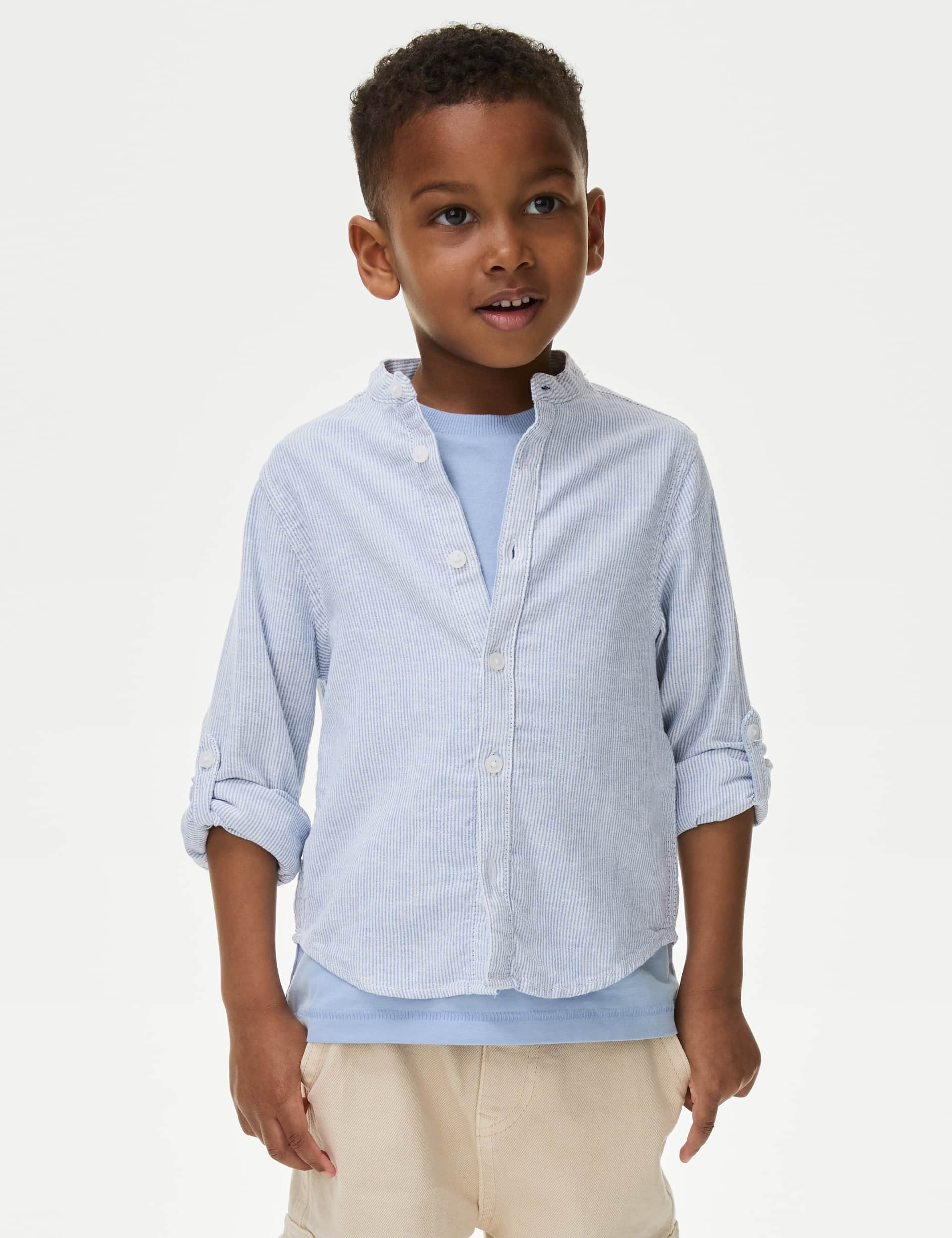 M&S Boys Cotton Rich Roll Sleeve Grandad Shirt (2-8 Yrs) - 2-3 Y - Blue, Blue