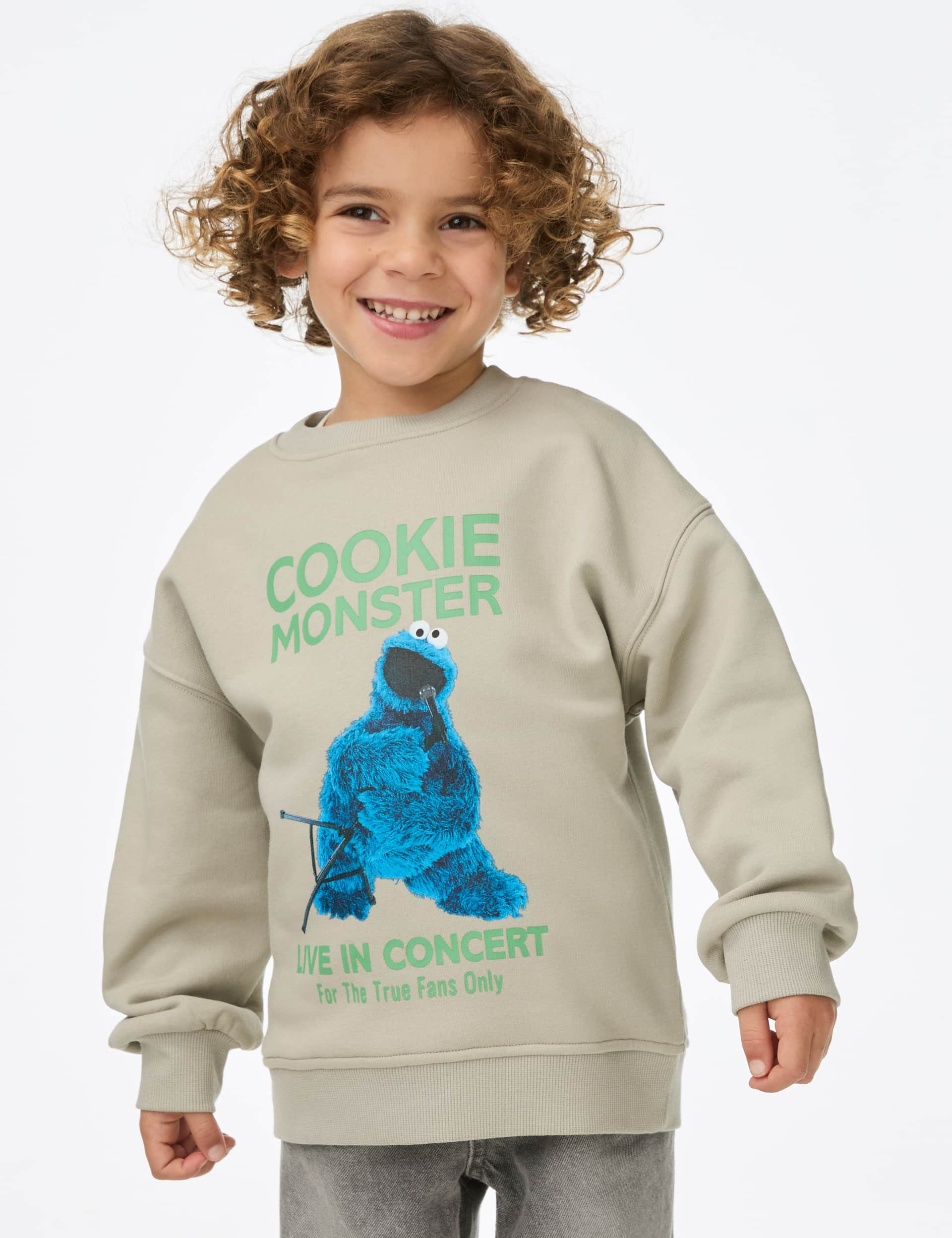 M&S Collection Boys Cotton Rich Cookie Monster Print Sweatshirt (2-8 Yrs) - 3-4 Y - Light Green, Lig