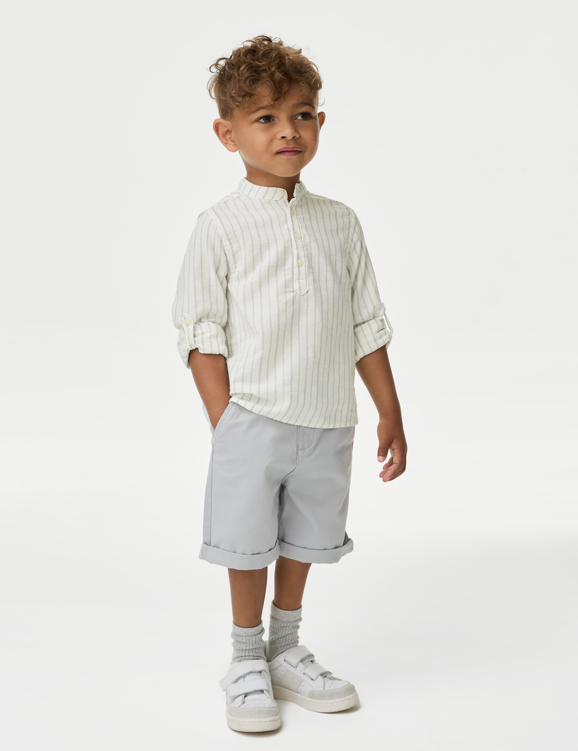 M&S Boys Cotton Rich Striped Shirt (2-8 Yrs) - 4-5 Y - Green Mix, Green Mix,Grey Mix