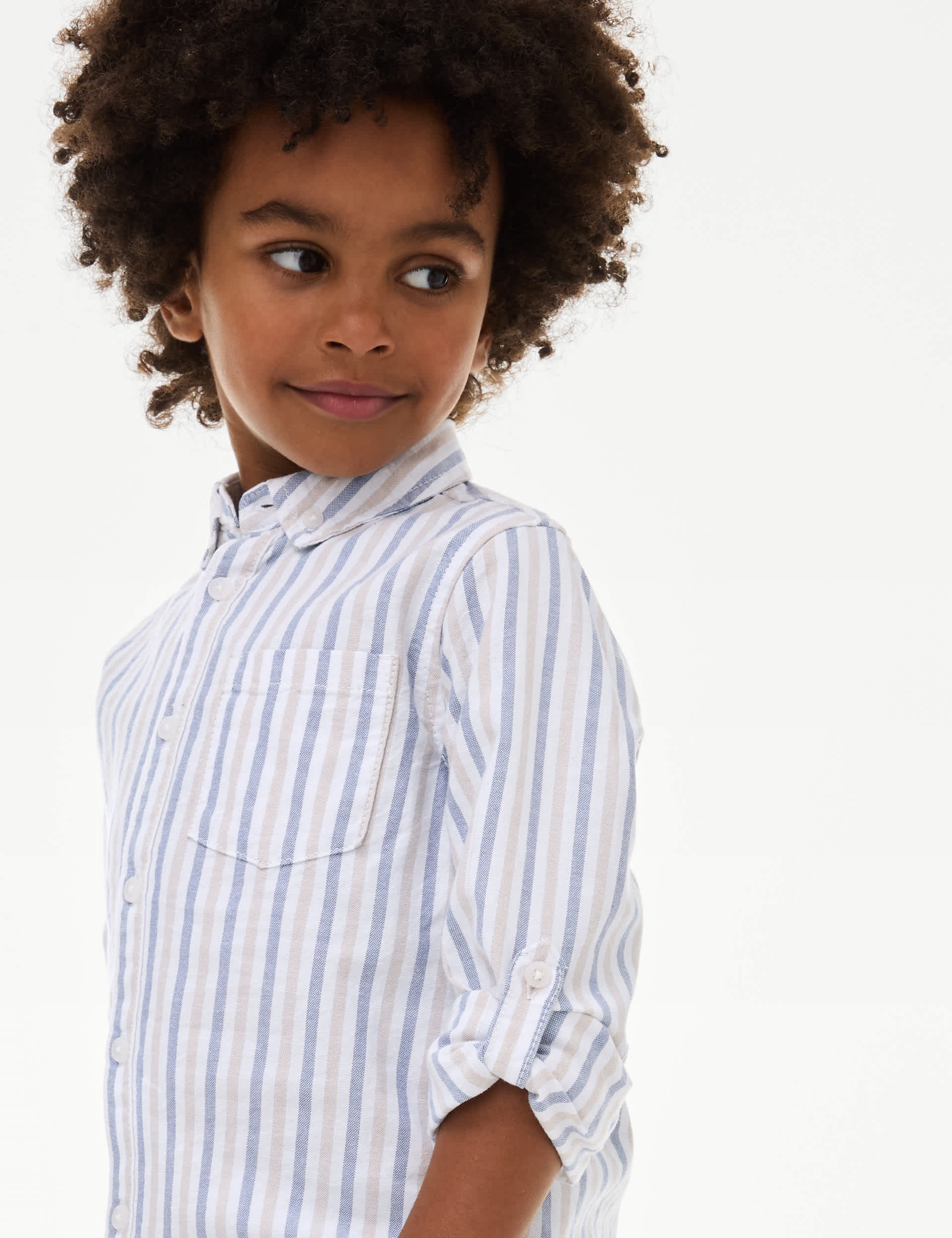 M&S Boys Pure Cotton Striped Oxford Shirt (2-8 Yrs) - 4-5 Y - Blue Mix, Blue Mix