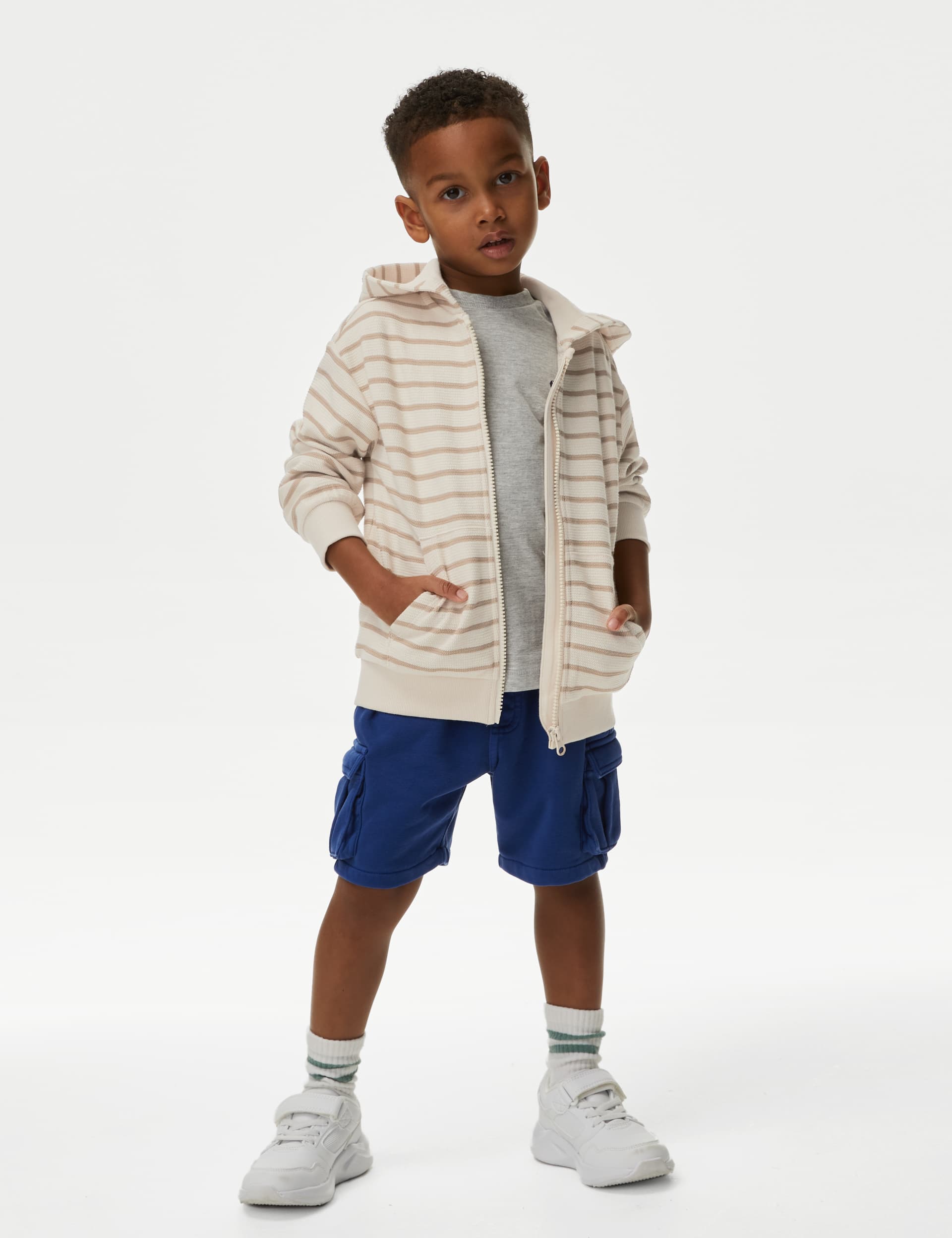 M&S Boys Cotton Rich Textured Striped Zip Hoodie (2-8 Yrs)