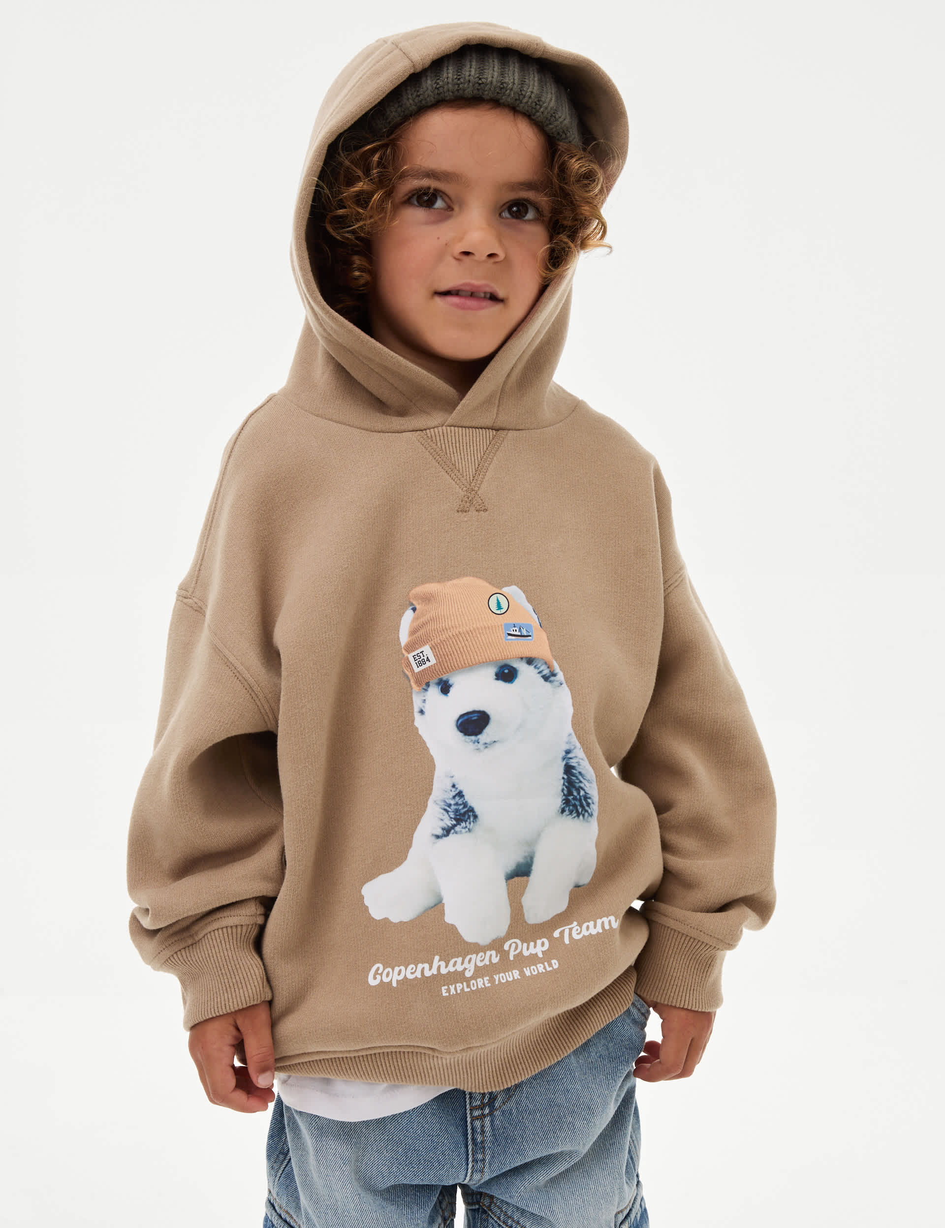 M&S Boys Cotton Rich Dog Hoodie (2-8 Yrs) - 3-4 Y - Brown, Brown