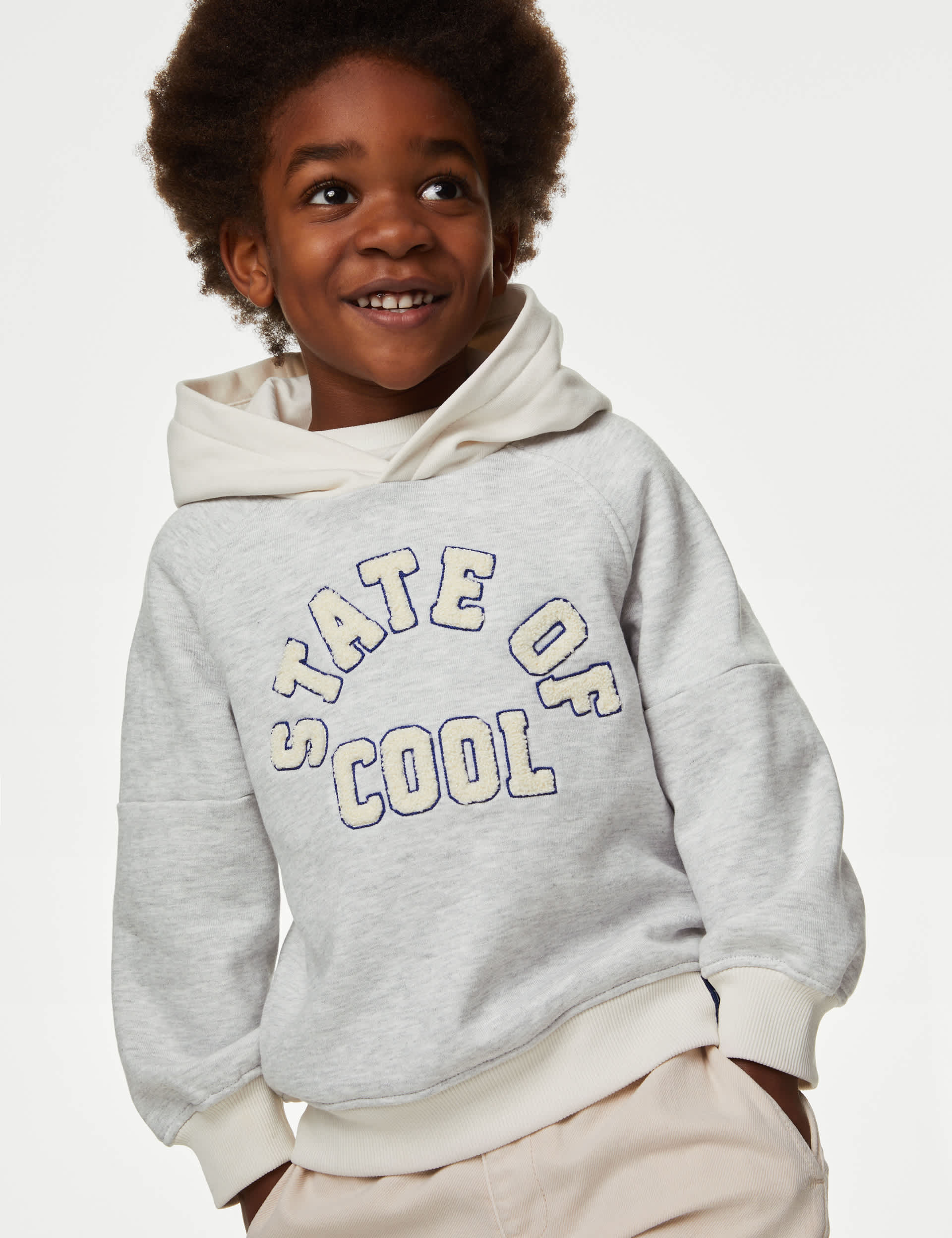 M&S Boys Cotton Rich State of Cool Slogan Hoodie (2-8 Yrs) - 3-4 Y - Grey Marl, Grey Marl