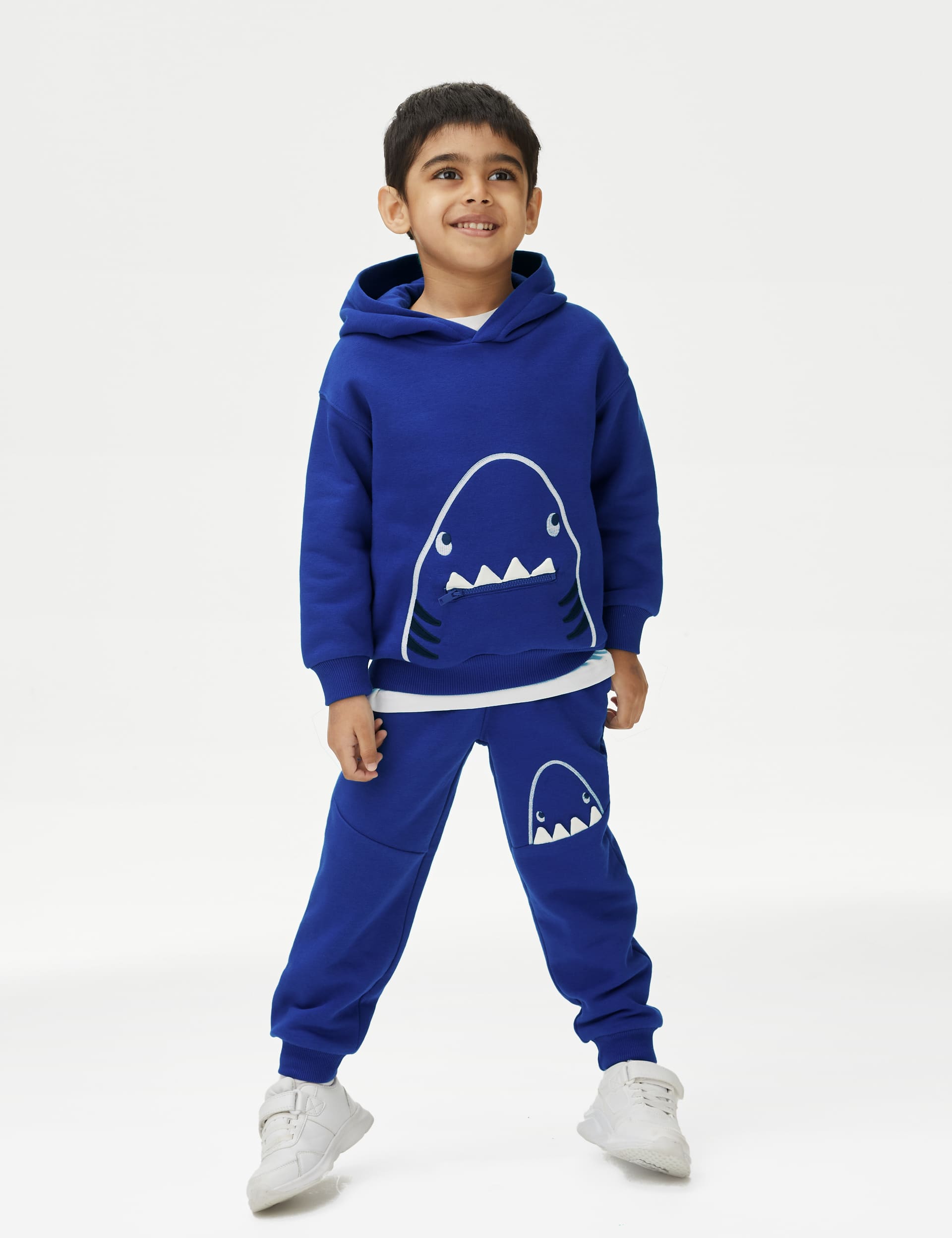 M&S Boys Cotton Rich Shark Hoodie (2-8 Yrs) - 2-3 Y - Bright Blue, Bright Blue