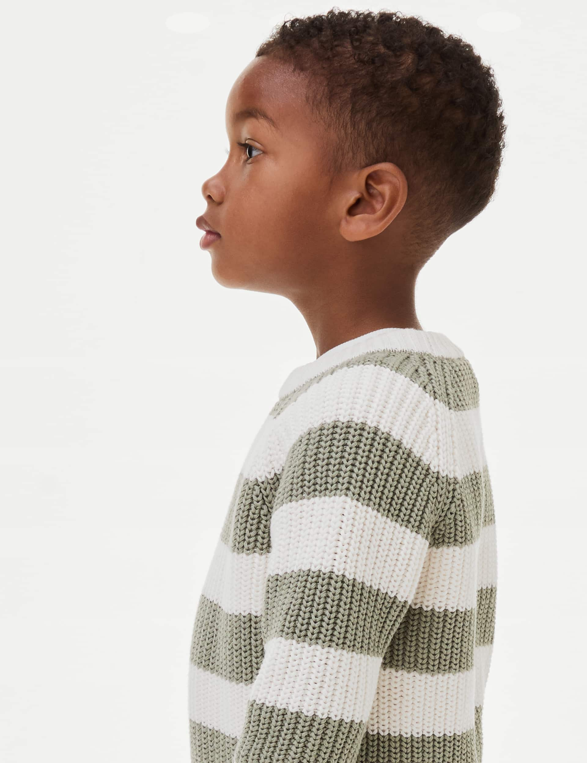 M&S Boys Pure Cotton Knitted Striped Jumper (3-8 Yrs) - 3-4 Y - Green Mix, Green Mix