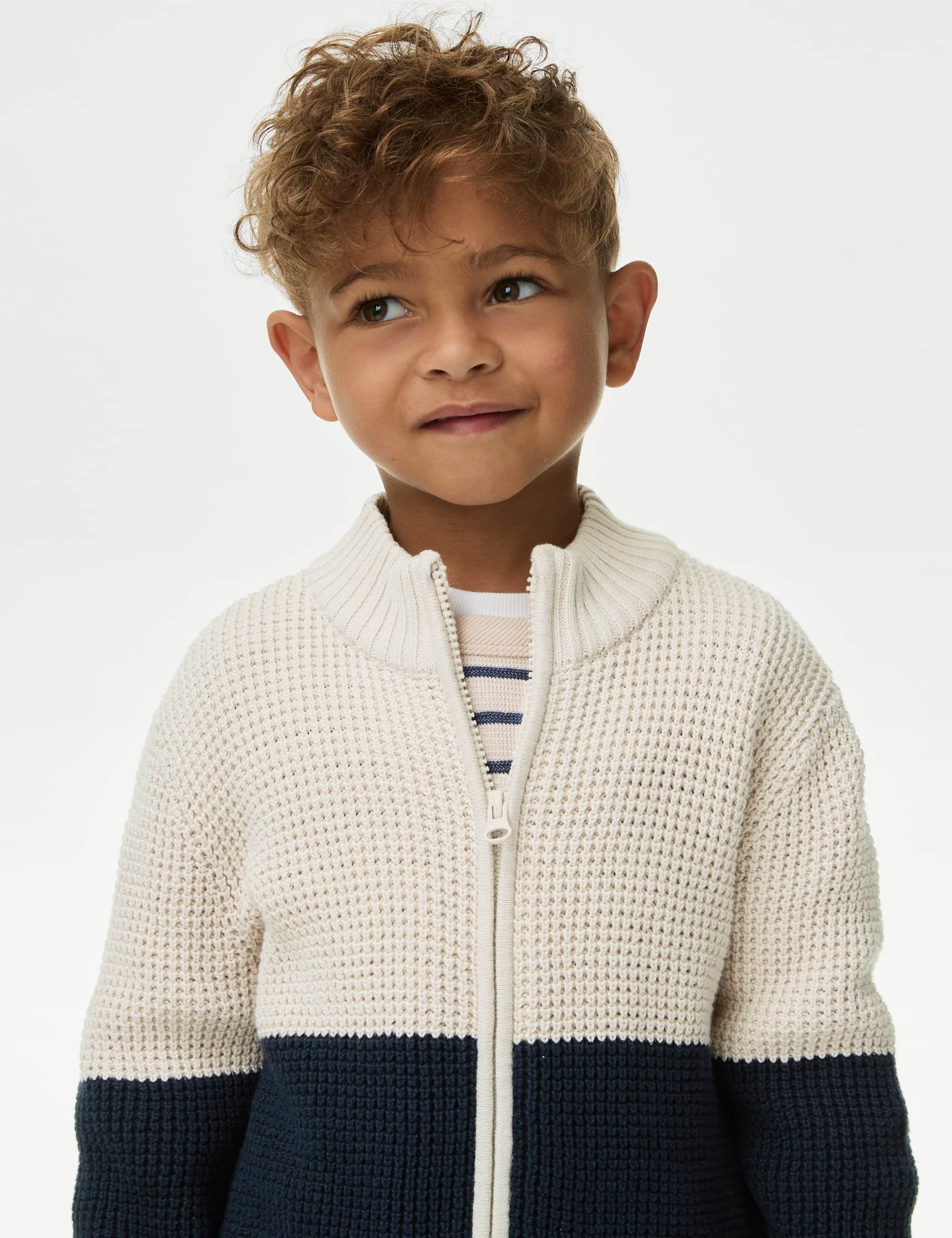 M&S Boys Pure Cotton Knitted Zip Jumper (2-8 Yrs) - 5-6 Y - Navy Mix, Navy Mix