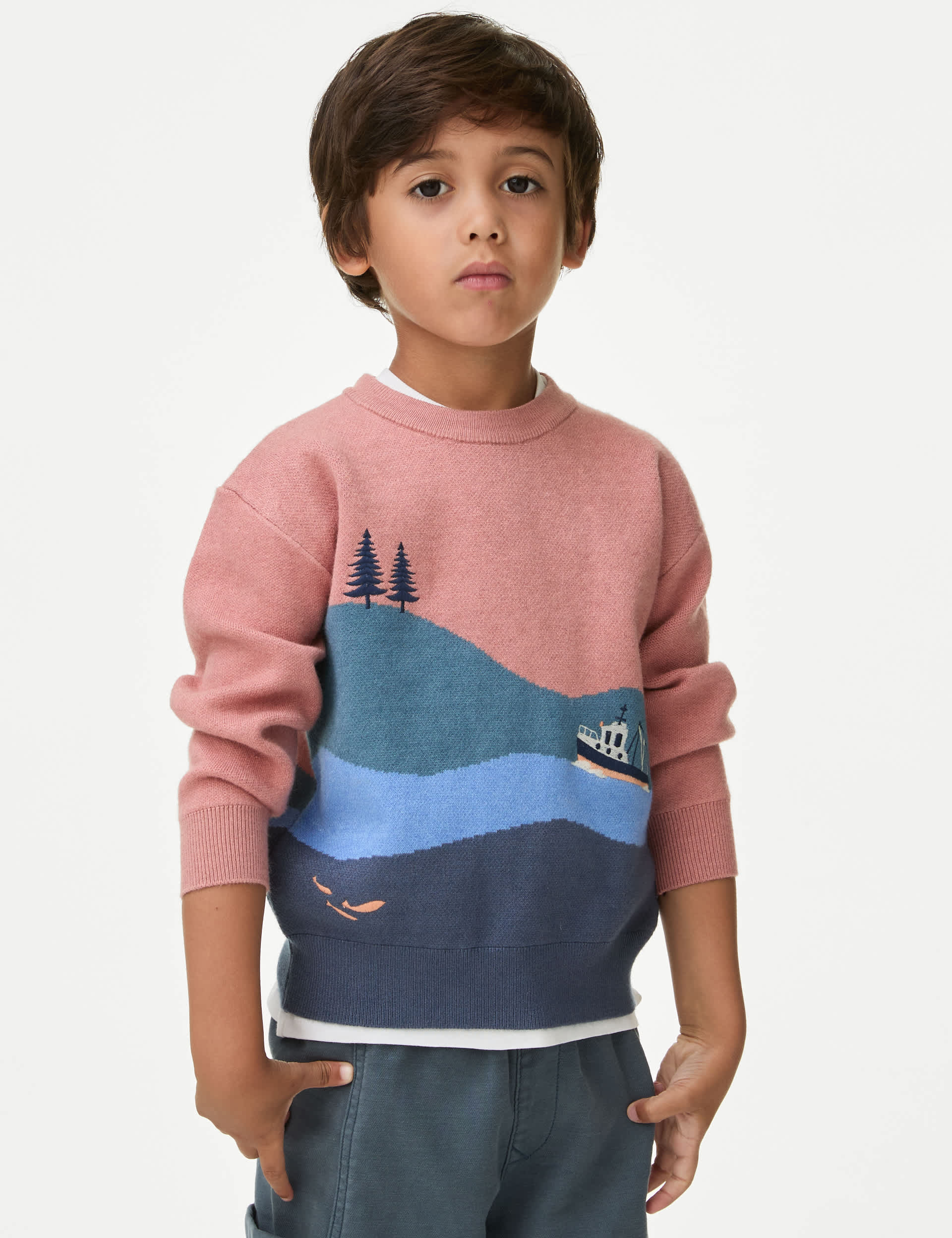 M&S Boys Boat Scene Knitted Jumper (2-8 Yrs) - 3-4 Y - Red Mix, Red Mix