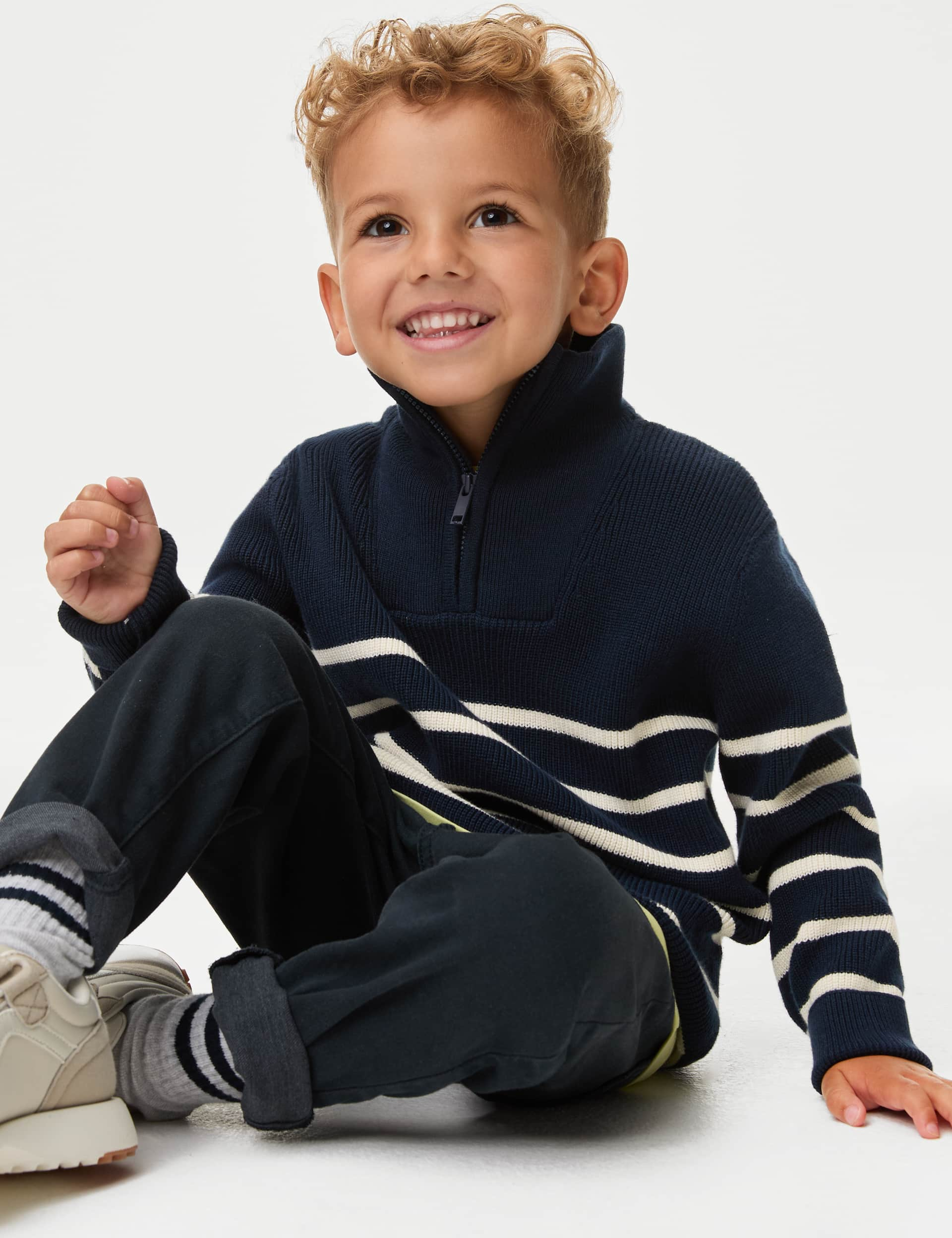 M&S Boys Pure Cotton Striped Half Zip Jumper (2-16 Yrs) - 3-4 Y - Navy Mix, Navy Mix