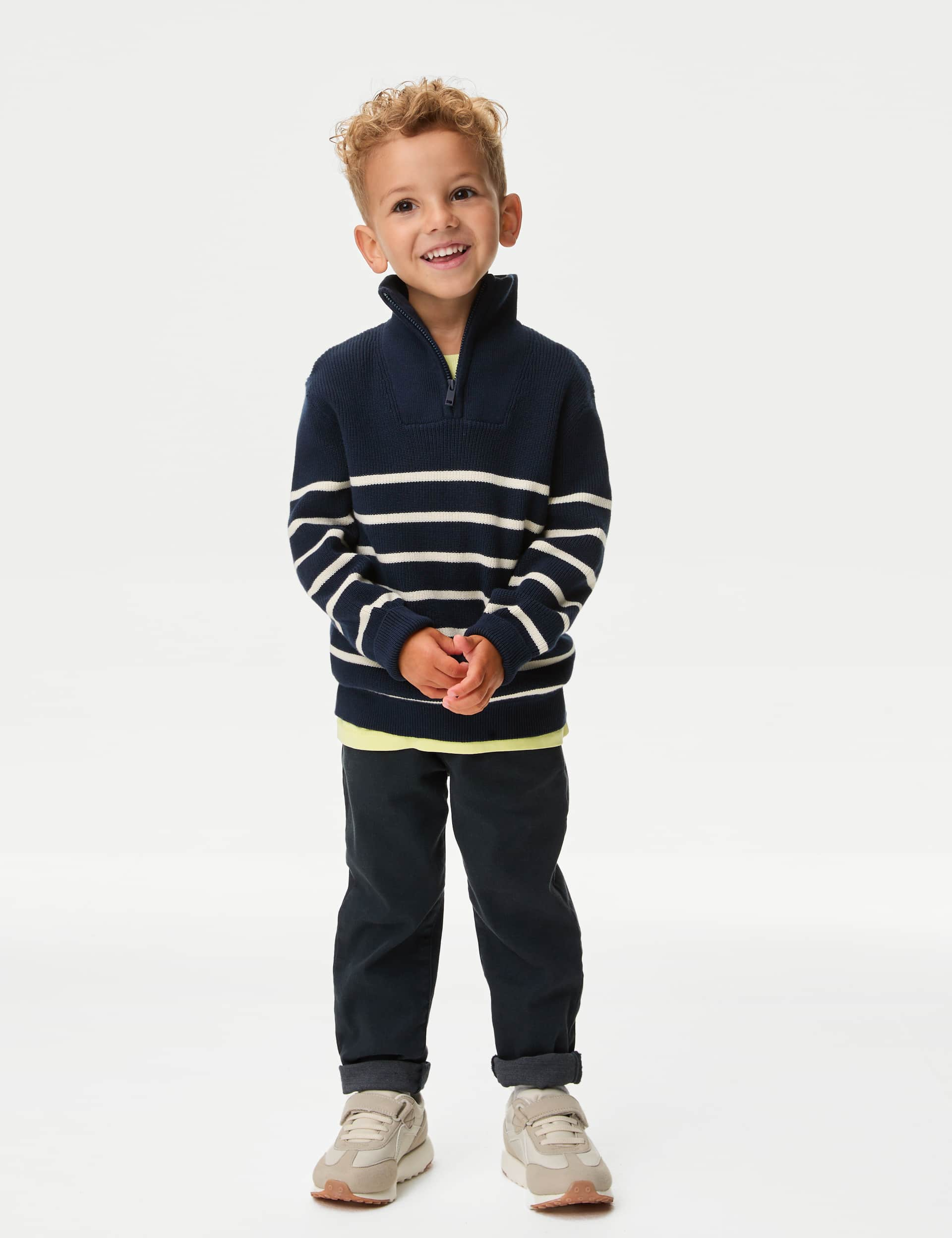 M&S Collection Boys Pure Cotton Striped Half Zip Jumper (2-8 Yrs) - 3-4 Y - Navy Mix, Cream Mix,Navy Mix