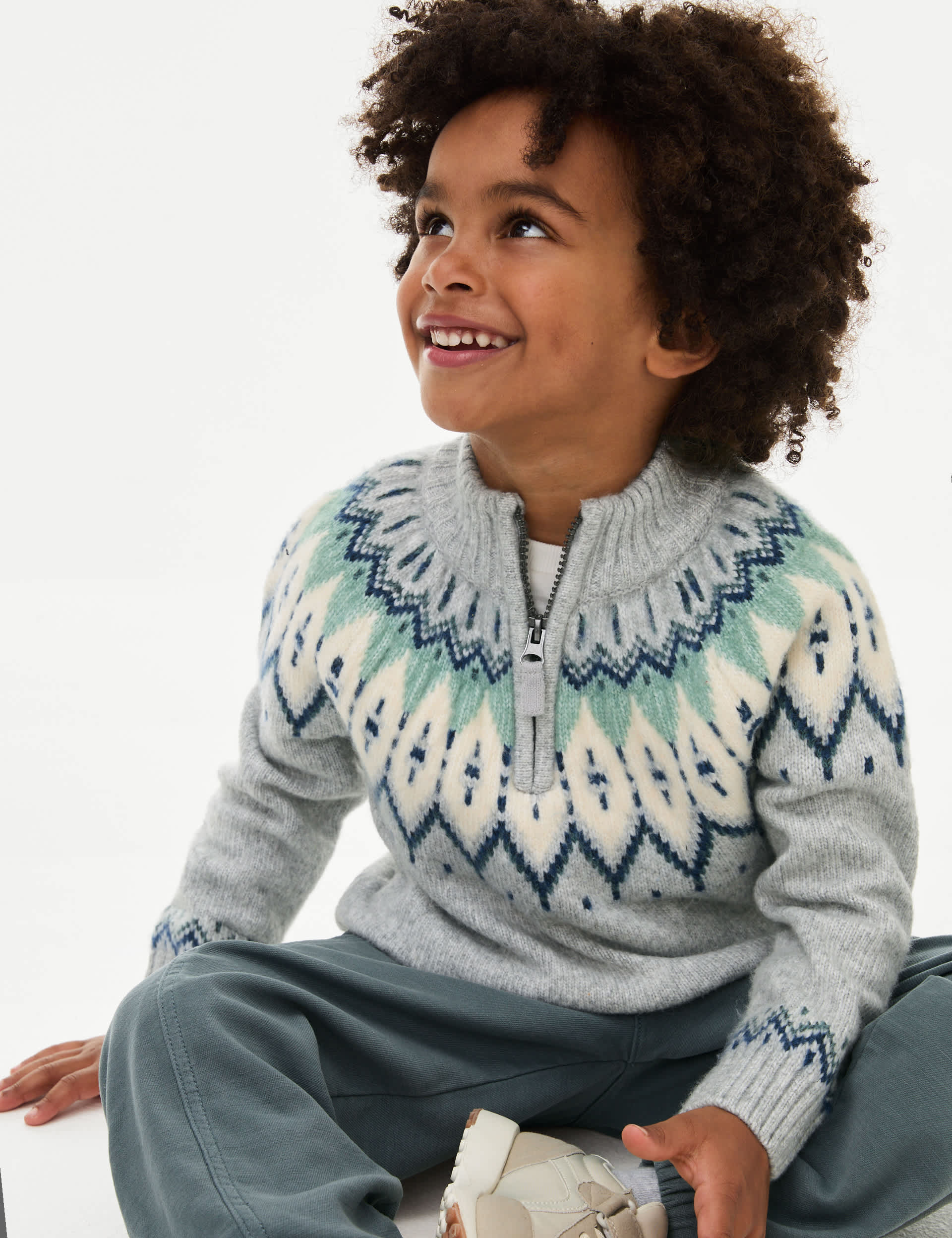 M&S Boys Fair Isle Knitted Half Zip Jumper (2-8 Yrs) - 2-3 Y - Grey, Grey