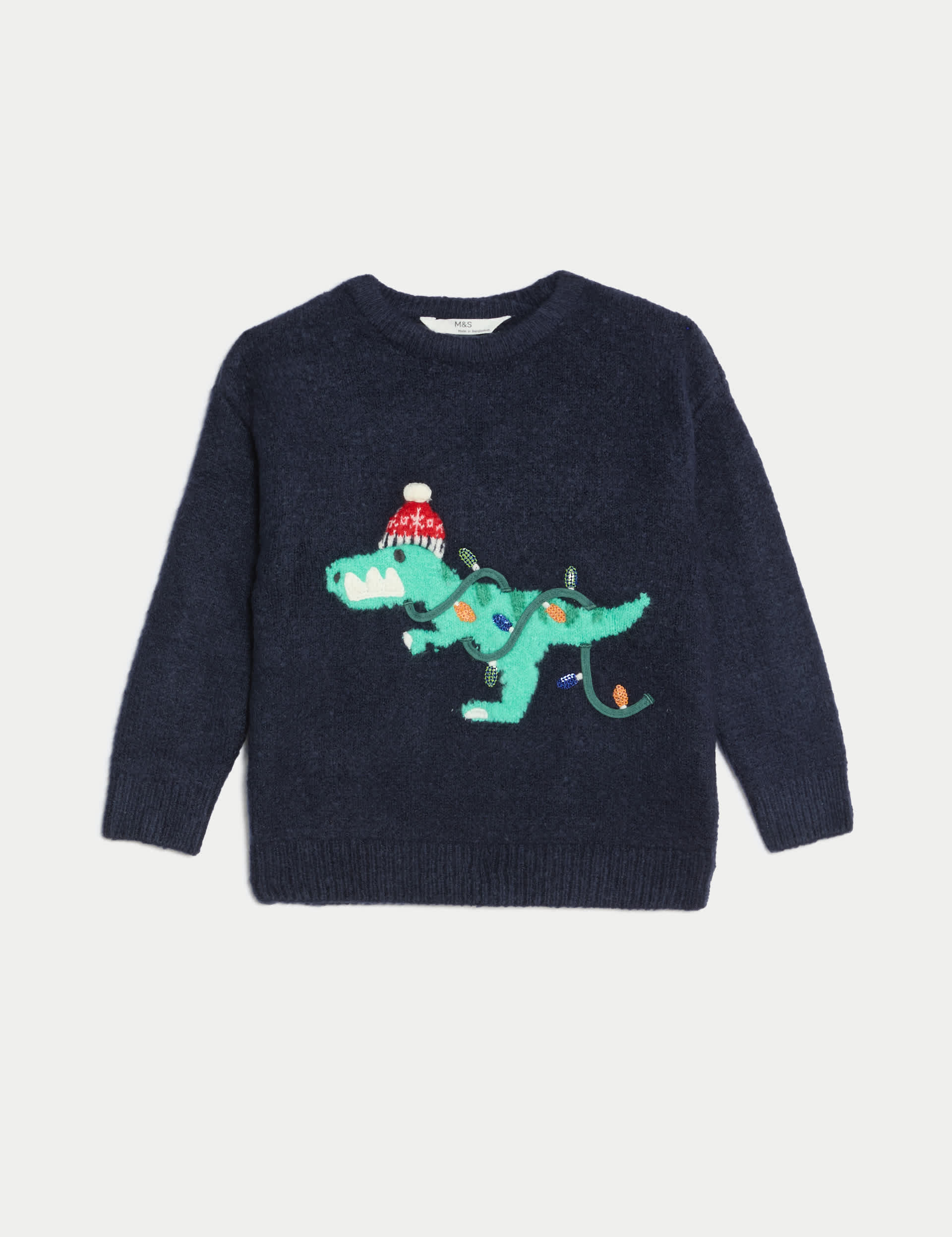 M&S Boys Christmas Dinosaur Knitted Jumper (2-8 Yrs) - 3-4 Y - Navy, Navy