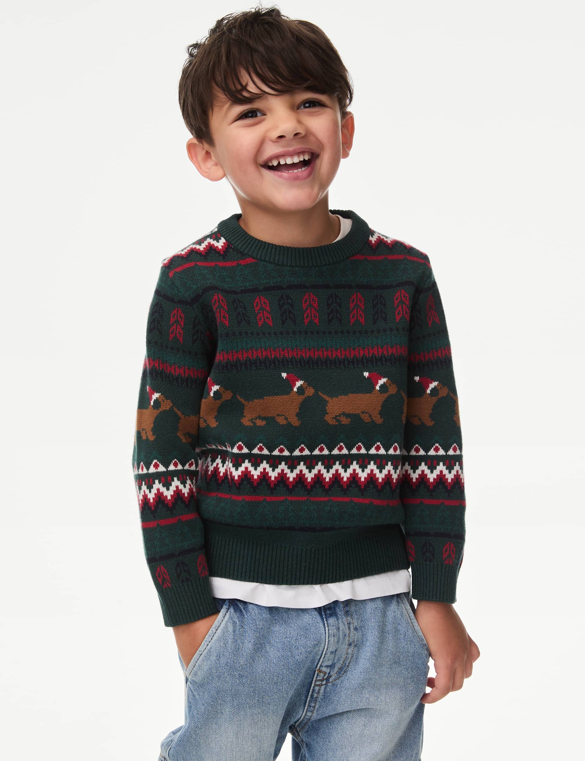 M&S Boys Cotton Rich Sausage Dog Christmas Jumper (2-8 Yrs) - 3-4 Y - Dark Green, Dark Green