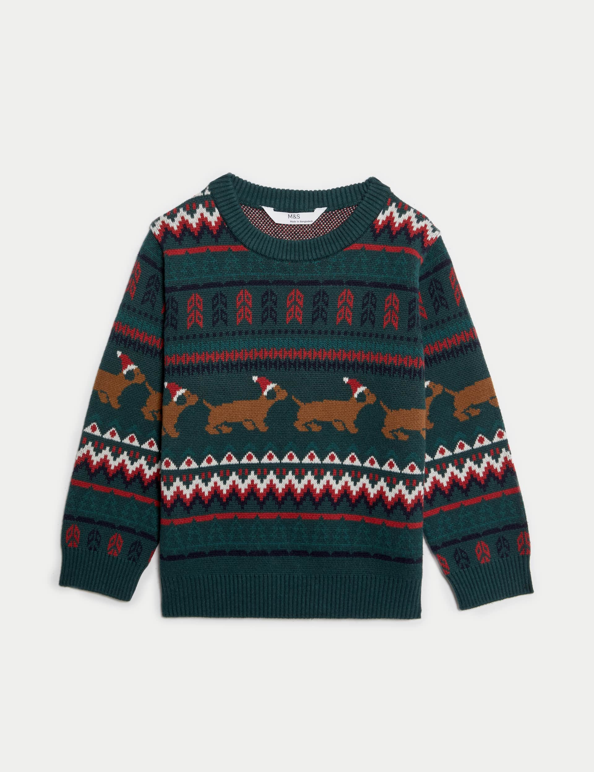 M&S Boys Cotton Rich Sausage Dog Christmas Jumper (2-8 Yrs) - 3-4 Y - Dark Green, Dark Green