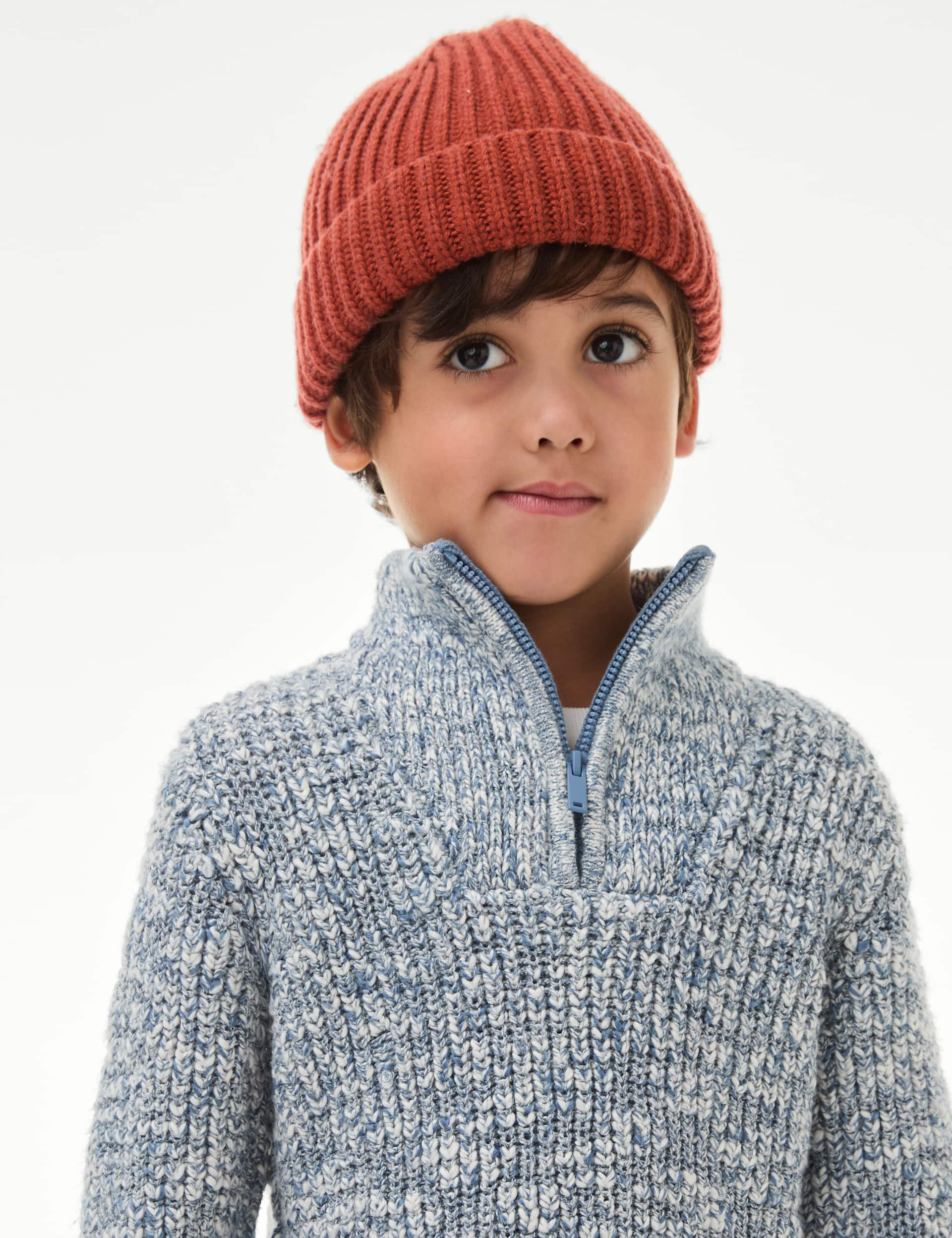 M&S Boys Cotton Blend Half Zip Knitted Jumper (2-8 Yrs) - 4-5 Y - Blue Mix, Blue Mix