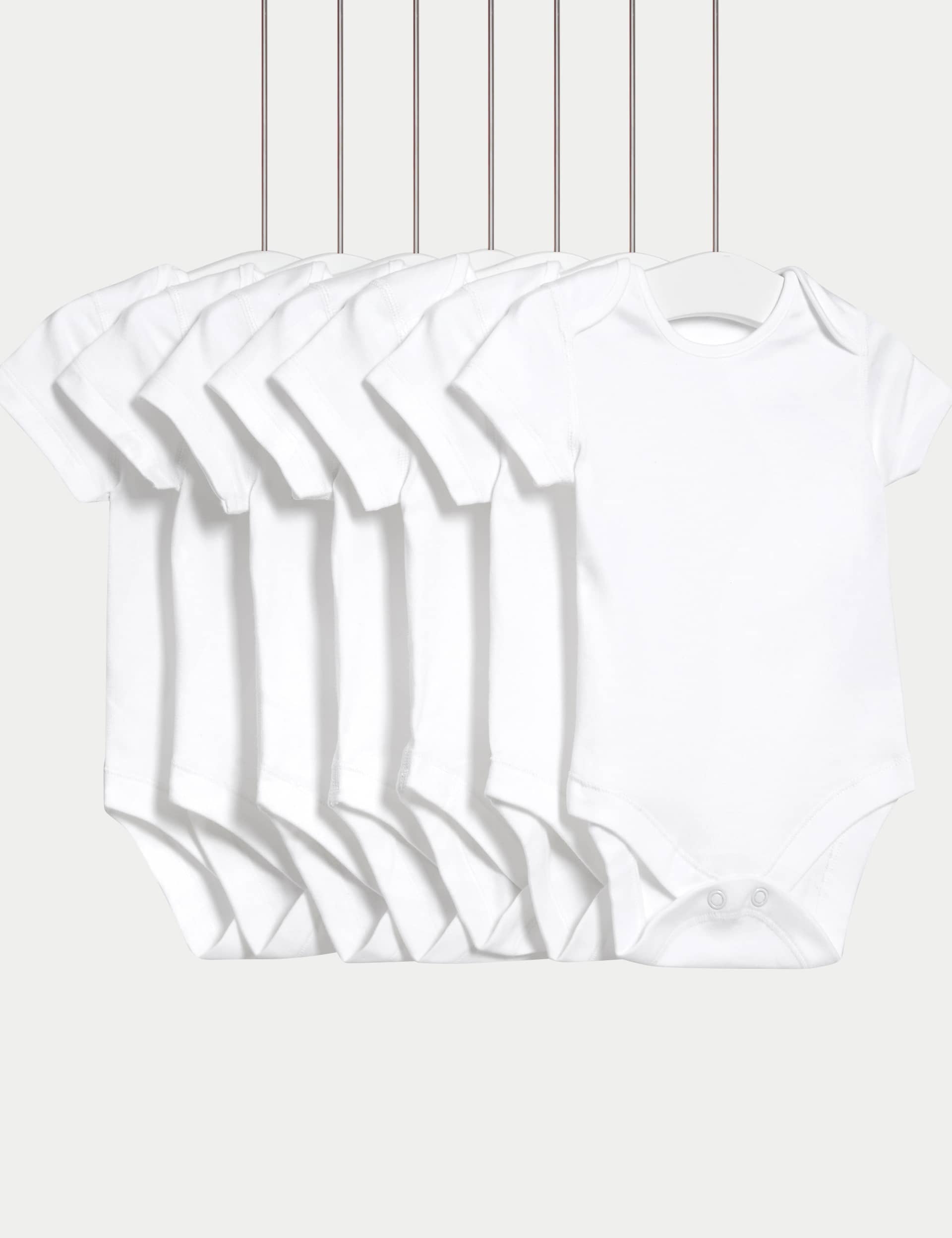 M&S 7pk Pure Cotton Short Sleeve Bodysuits (5lbs-3 Yrs) - 2-3Y - White, White